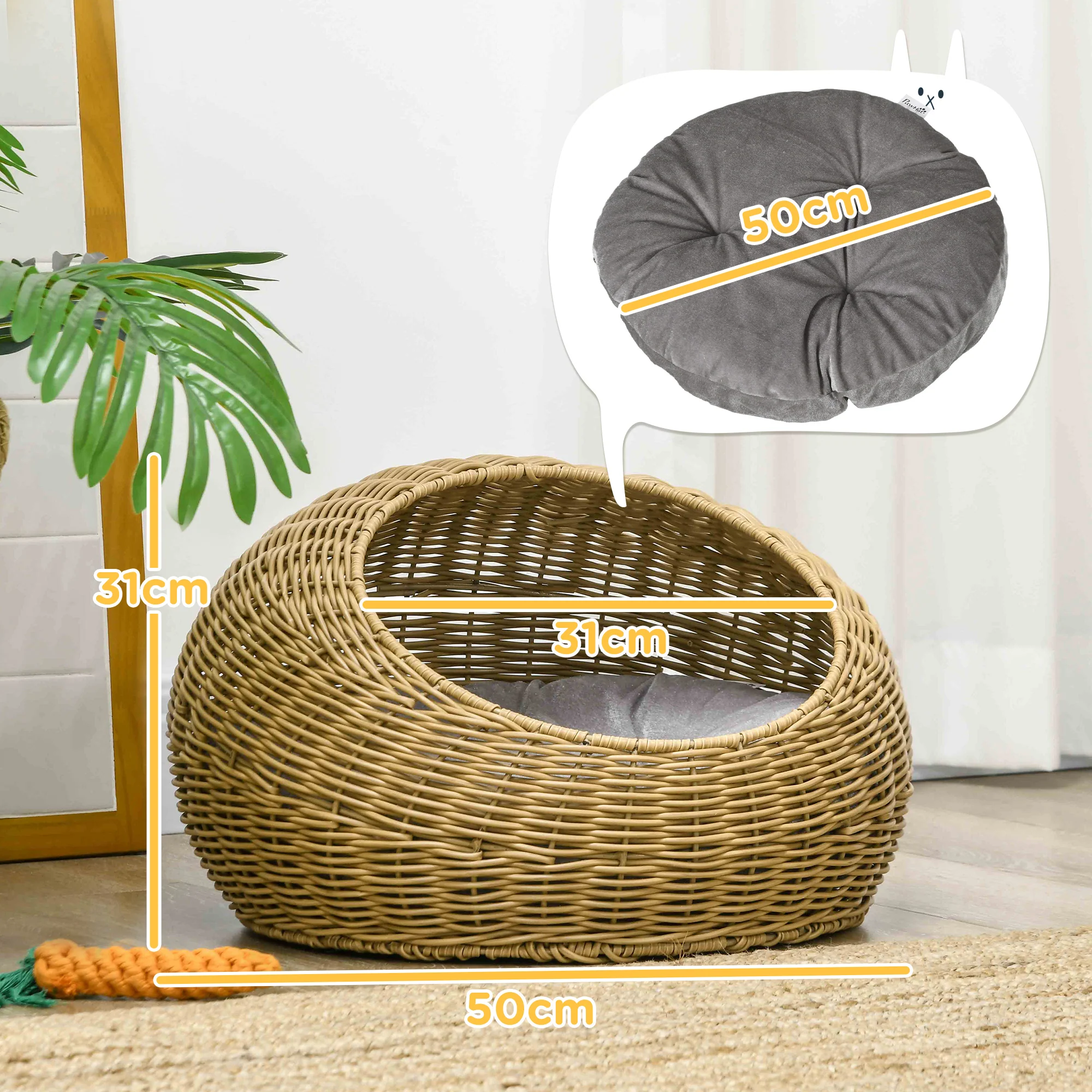 PawHut Wicker Cat House With Washable Cushion For Indoor Cats, Light Brown - Image 5