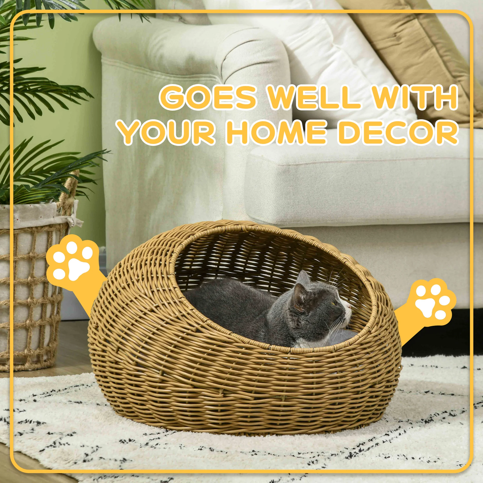 PawHut Wicker Cat House With Washable Cushion For Indoor Cats, Light Brown - Image 6