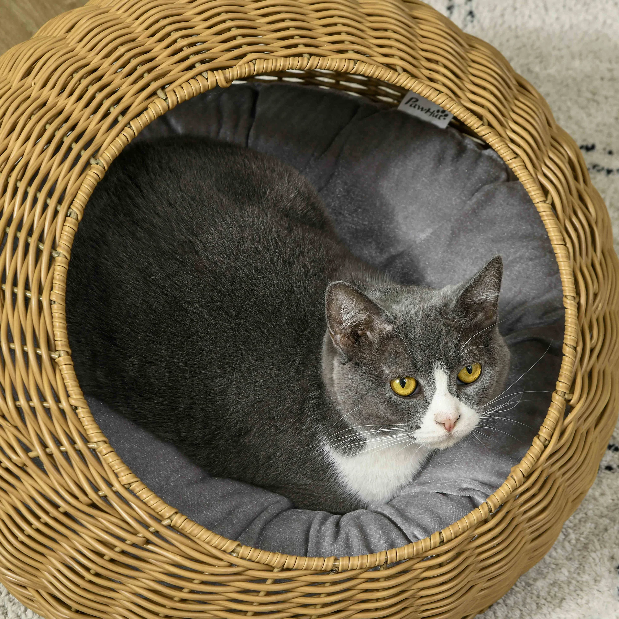 PawHut Wicker Cat House With Washable Cushion For Indoor Cats, Light Brown - Image 7
