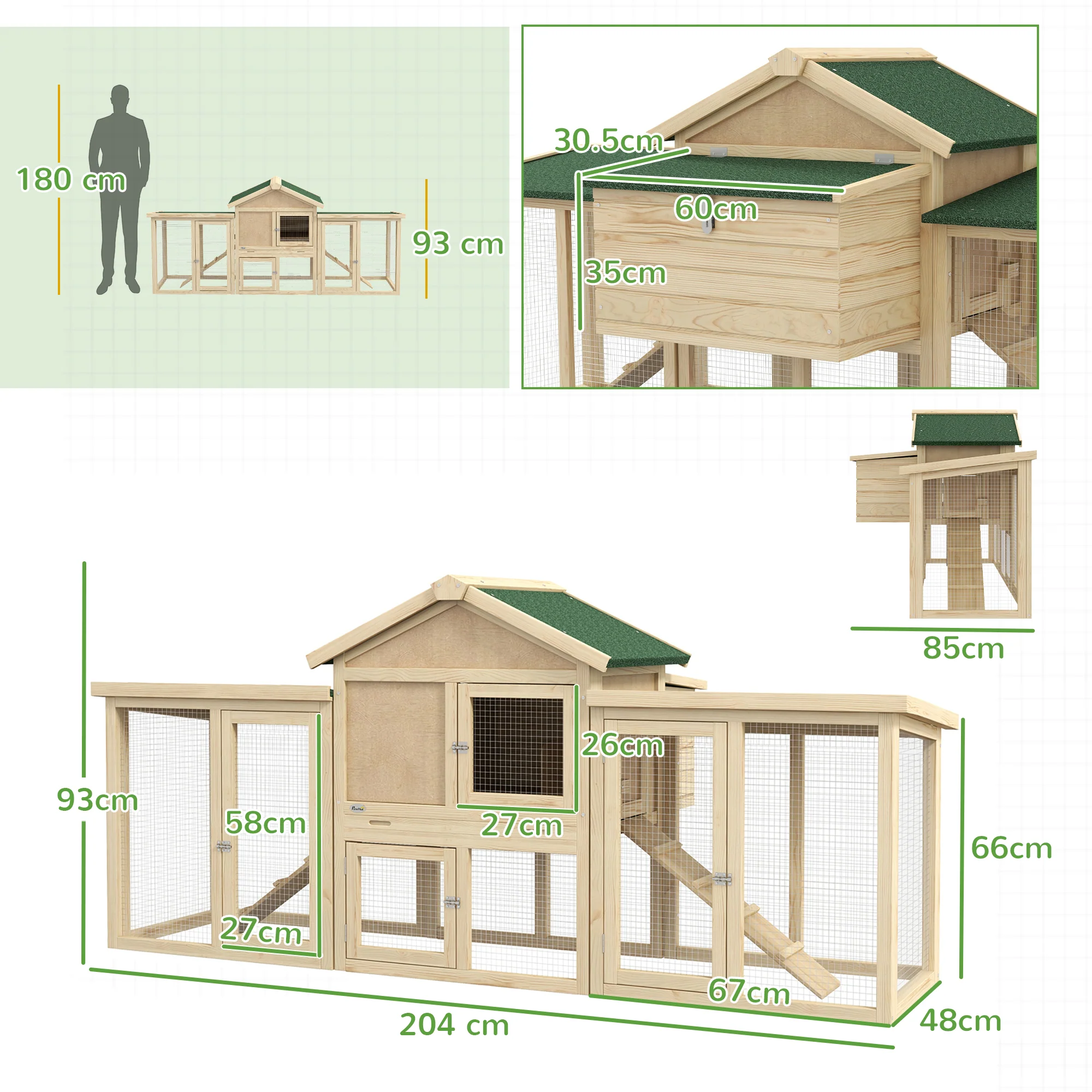 Pawhut Wood Chicken Coop Hens Cage Poultry House with Nesting Boxes Run - Image 5