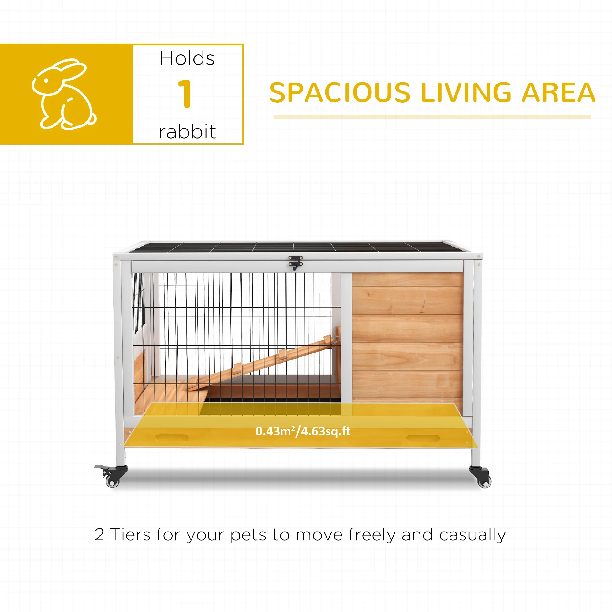 PawHut Wood Indoor Rabbit Hutch 2-Floor Design W/ Wheels, Yellow - Image 3