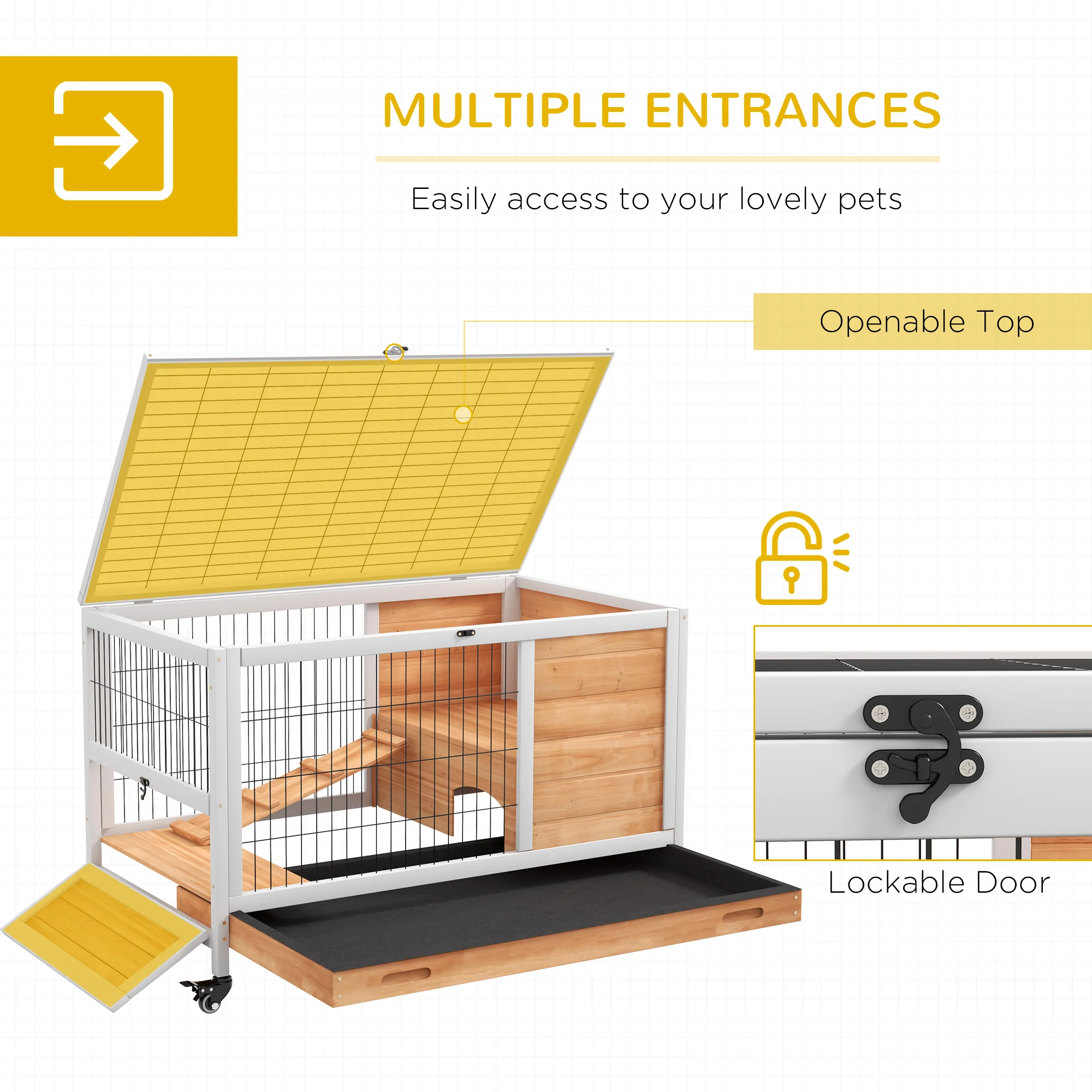 PawHut Wood Indoor Rabbit Hutch 2-Floor Design W/ Wheels, Yellow - Image 4