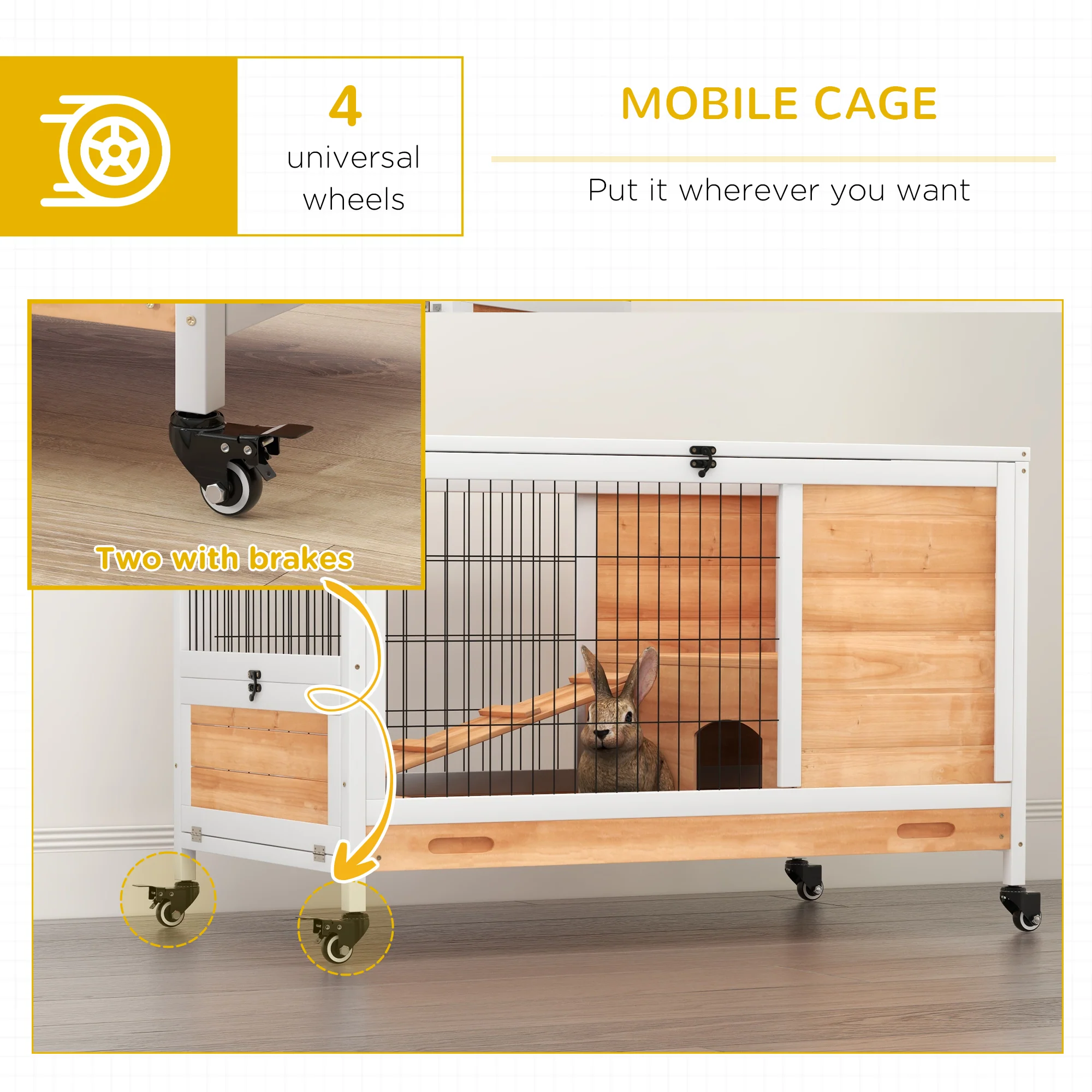 PawHut Wood Indoor Rabbit Hutch 2-Floor Design W/ Wheels, Yellow - Image 7