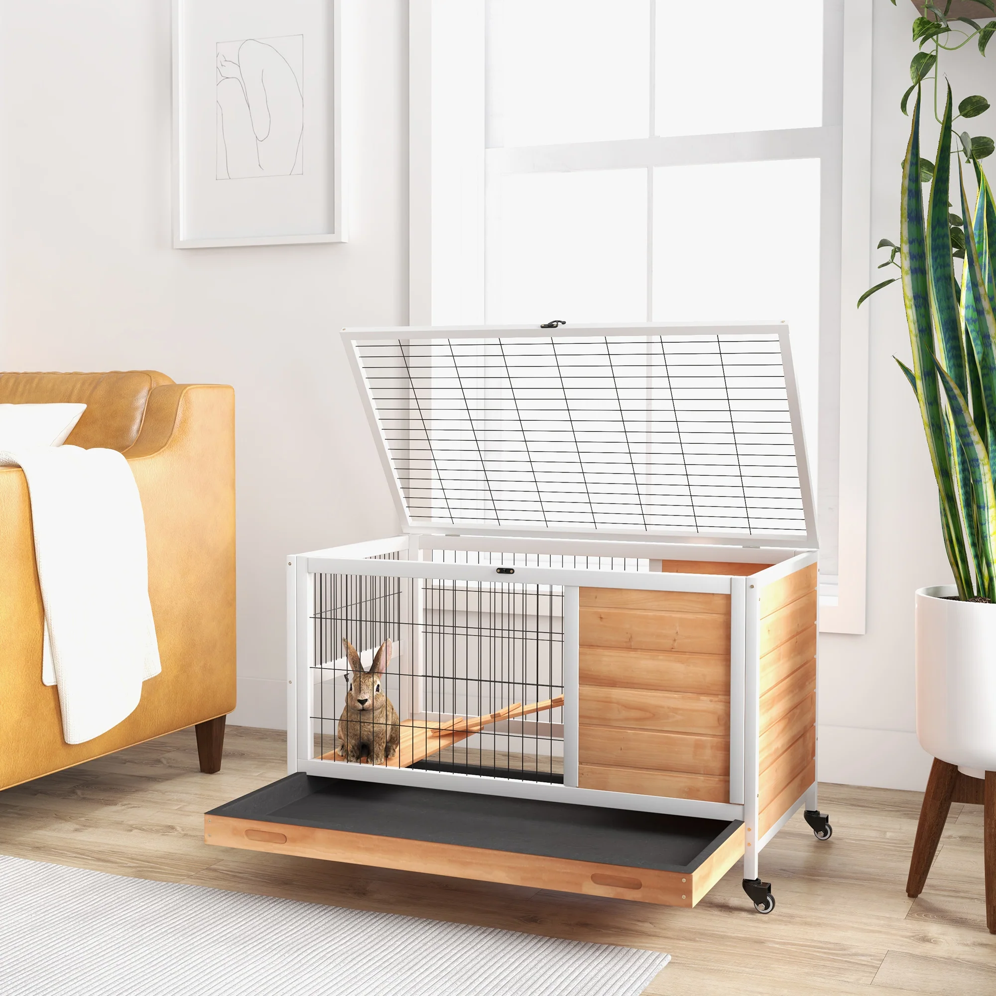 PawHut Wood Indoor Rabbit Hutch 2-Floor Design W/ Wheels, Yellow - Image 9