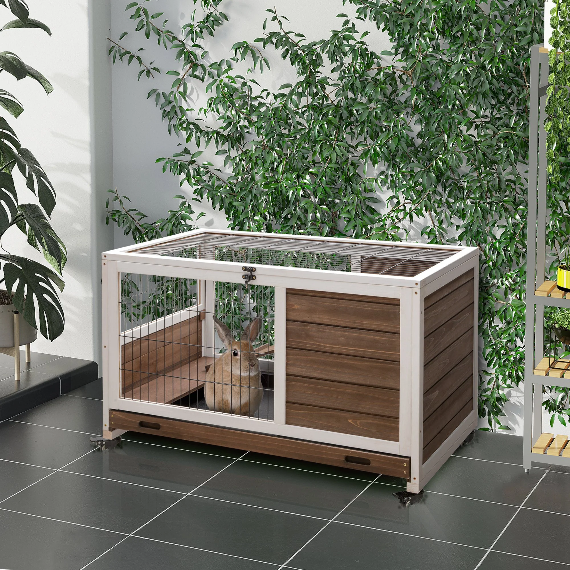 PawHut Wood Indoor Rabbit Hutch Elevated 2-Floor Guineas Pigs Cage w/ Wheels - Image 2