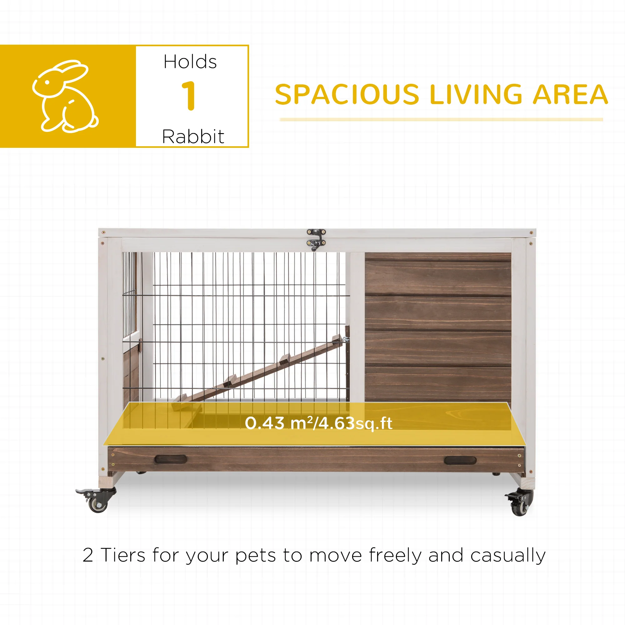 PawHut Wood Indoor Rabbit Hutch Elevated 2-Floor Guineas Pigs Cage w/ Wheels - Image 3