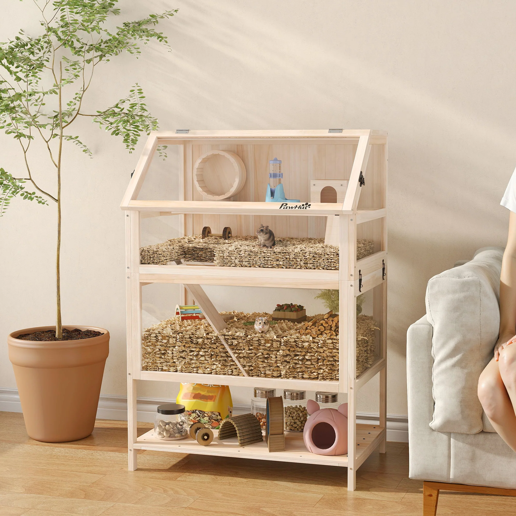 PawHut Wooden 3 Tier Hamster Cage With Storage Shelf For Dwarf, Gerbil - Image 2