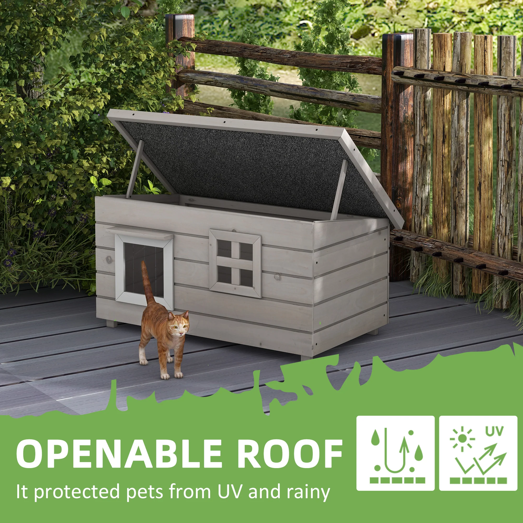 Pawhut Wooden Cat House Outdoor With Openable Top, Asphalt Roof, Window Grey - Image 4
