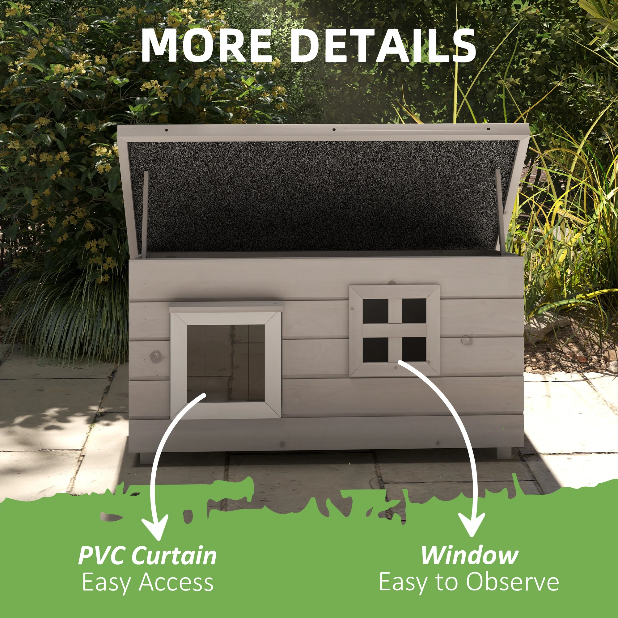 Pawhut Wooden Cat House Outdoor With Openable Top, Asphalt Roof, Window Grey - Image 6
