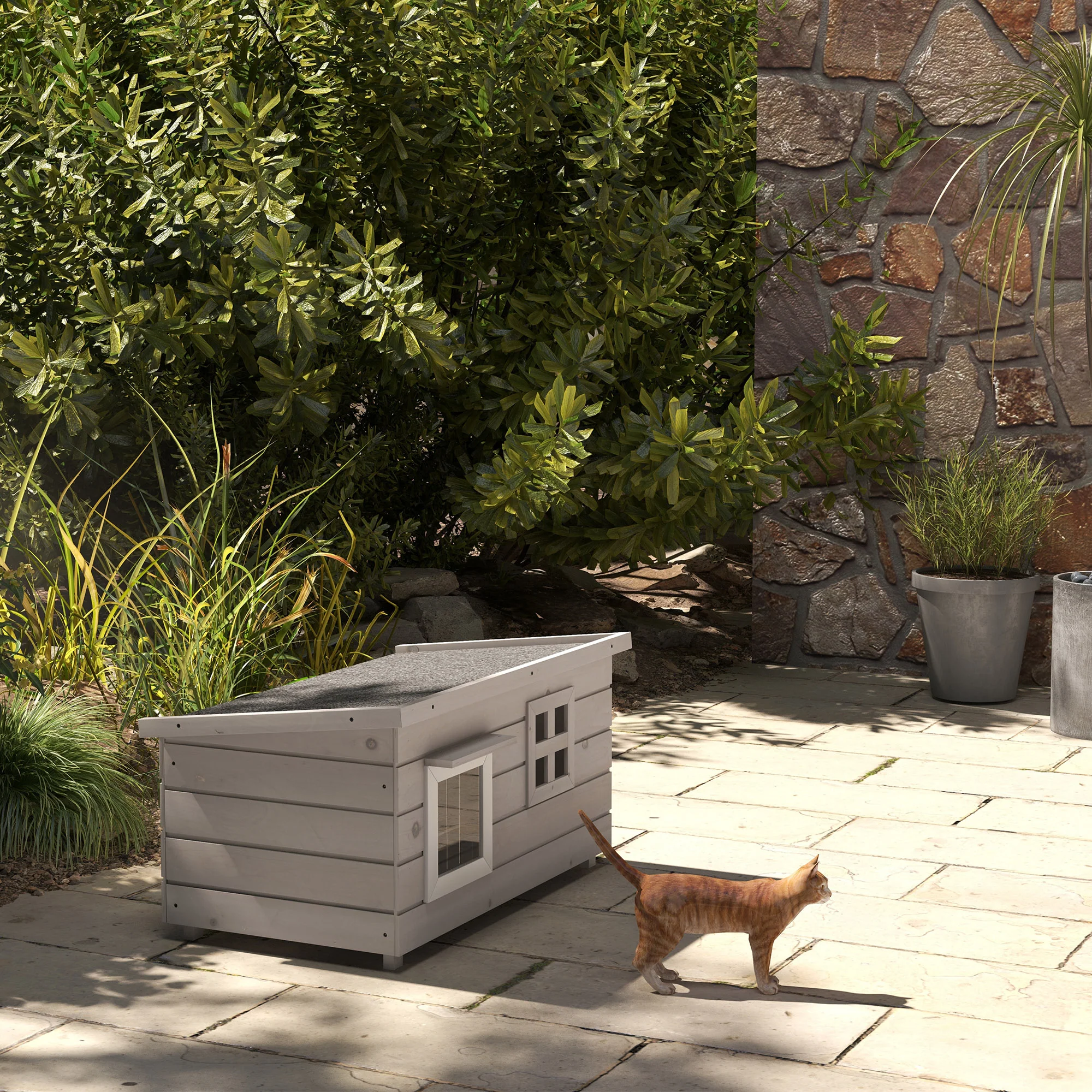 Pawhut Wooden Cat House Outdoor With Openable Top, Asphalt Roof, Window Grey - Image 7