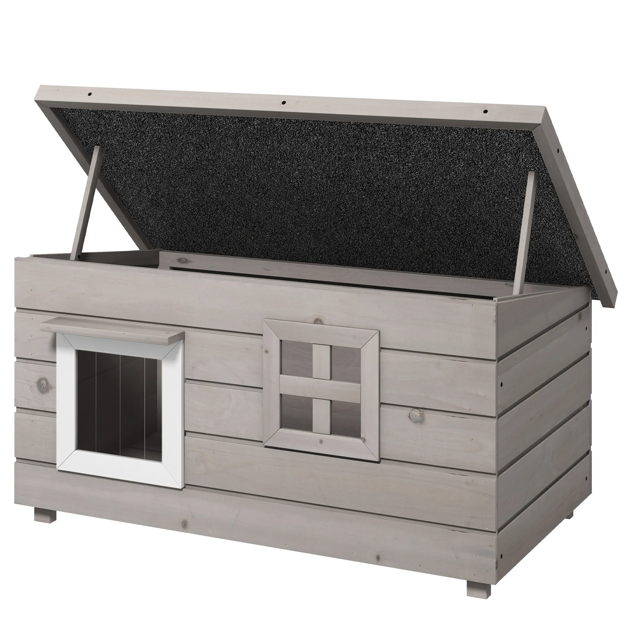 Pawhut Wooden Cat House Outdoor With Openable Top, Asphalt Roof, Window Grey - Image 9