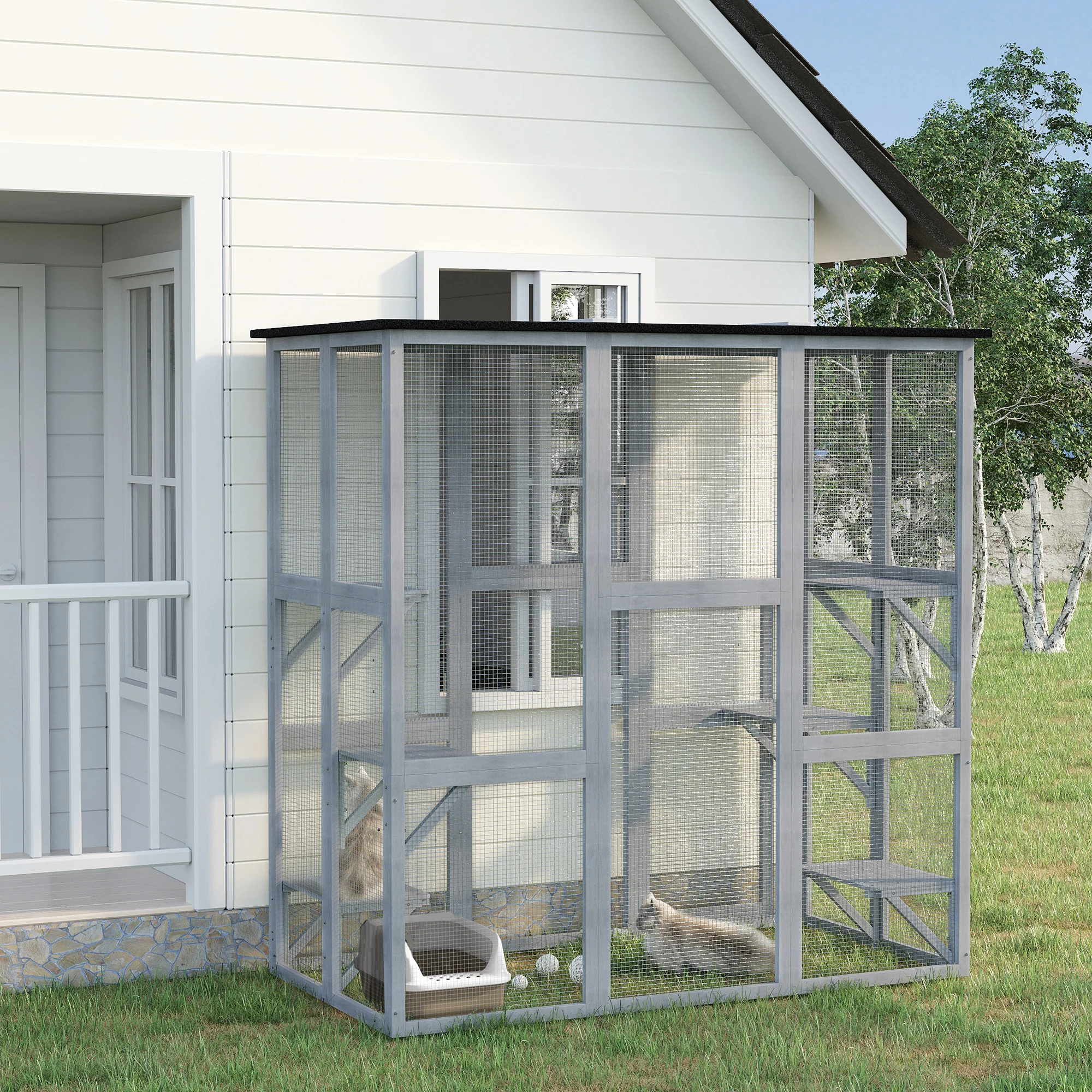 PawHut Wooden Cat House With Platforms, Cat Cage For Multiple Kittens - Image 2