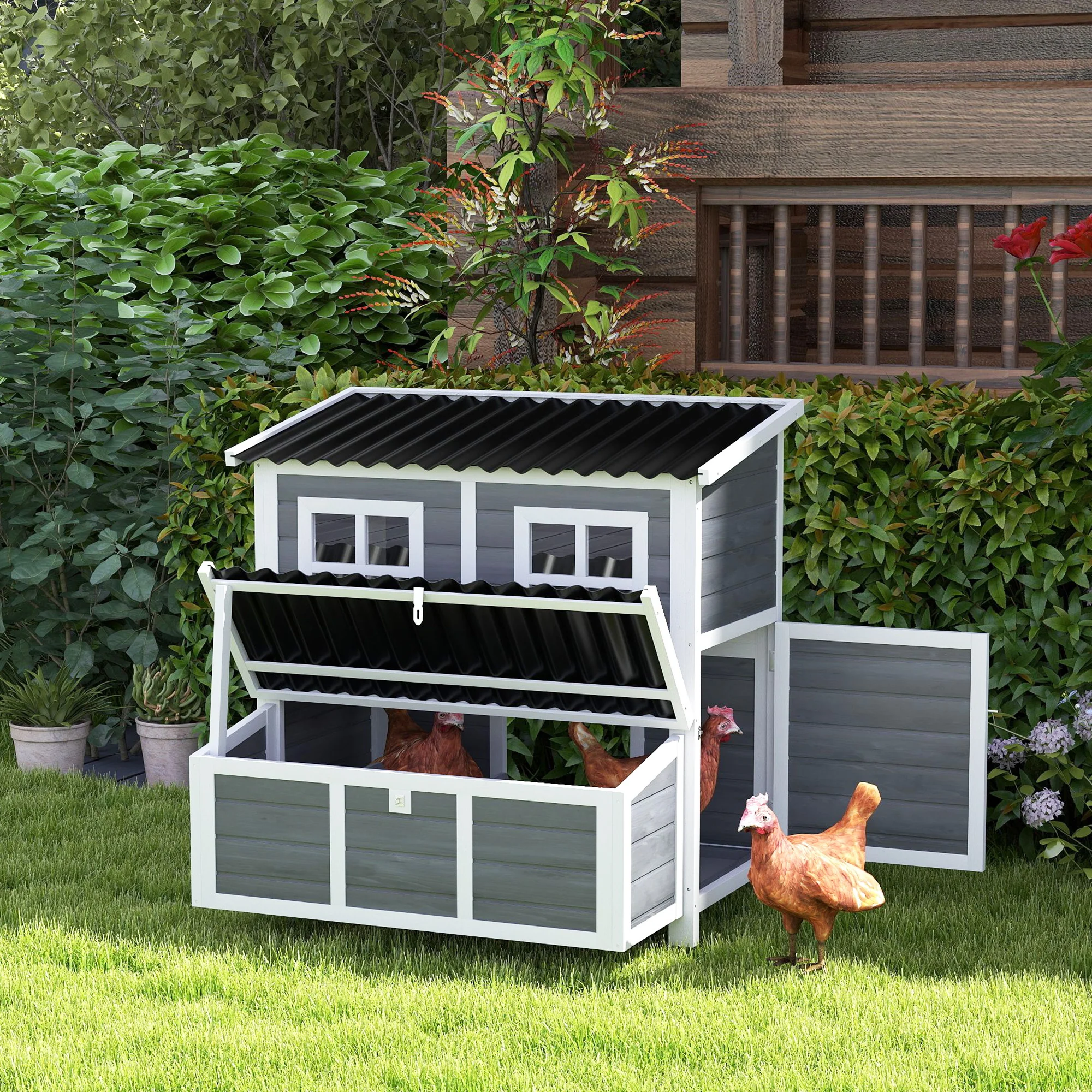 PawHut Wooden Chicken Coop w/ Nesting Box for 4-6 Chickens, 100 x 86 x 100cm - Image 2