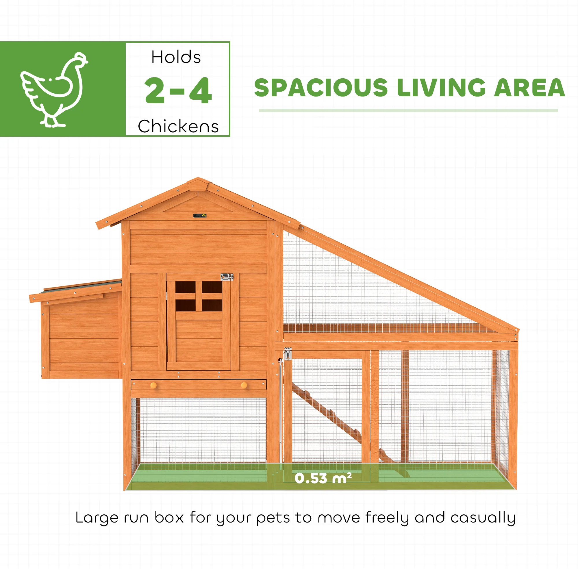 PawHut Wooden Chicken Coop With Run, Nesting Box, Slide-out Tray, Ramp - Image 3