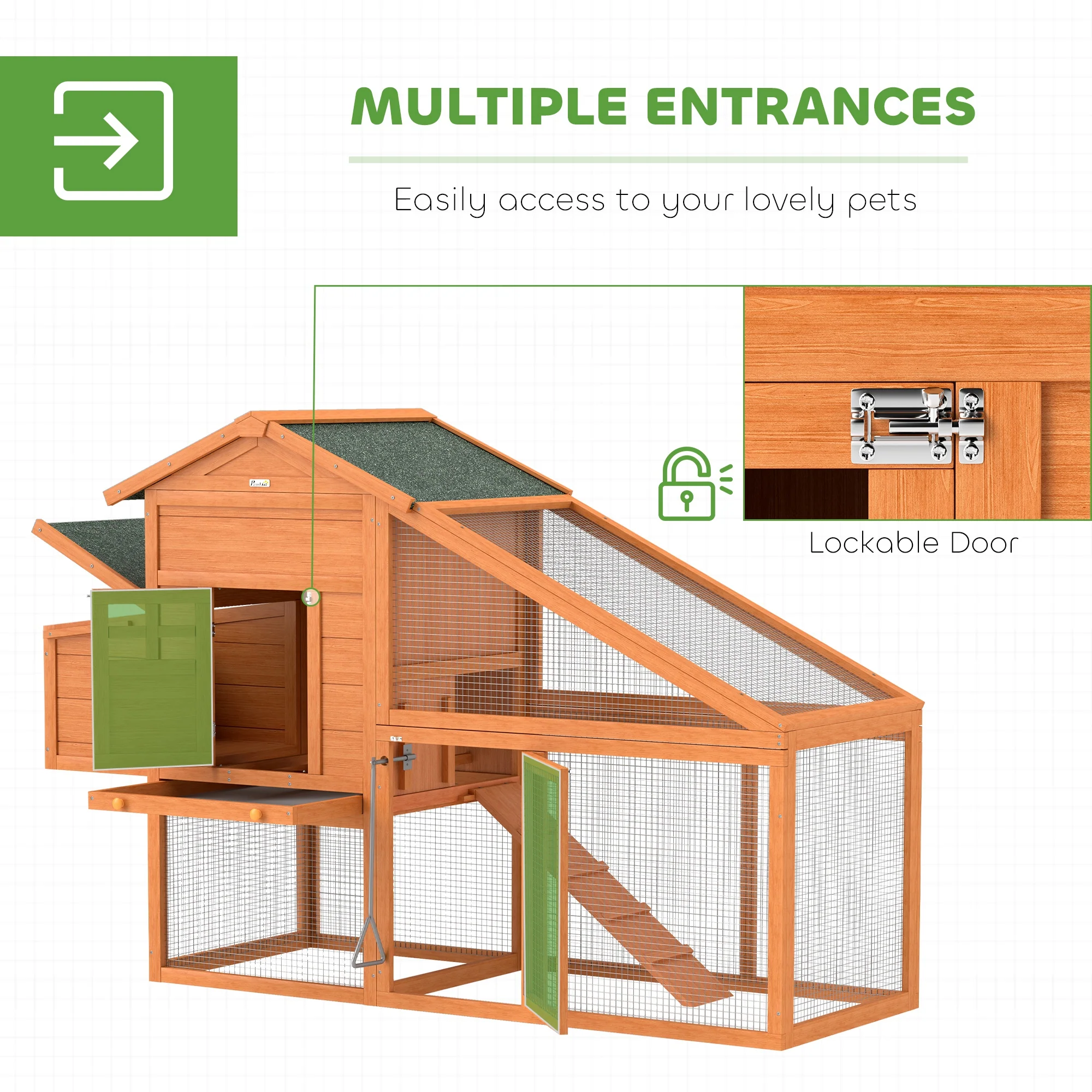 PawHut Wooden Chicken Coop With Run, Nesting Box, Slide-out Tray, Ramp - Image 4