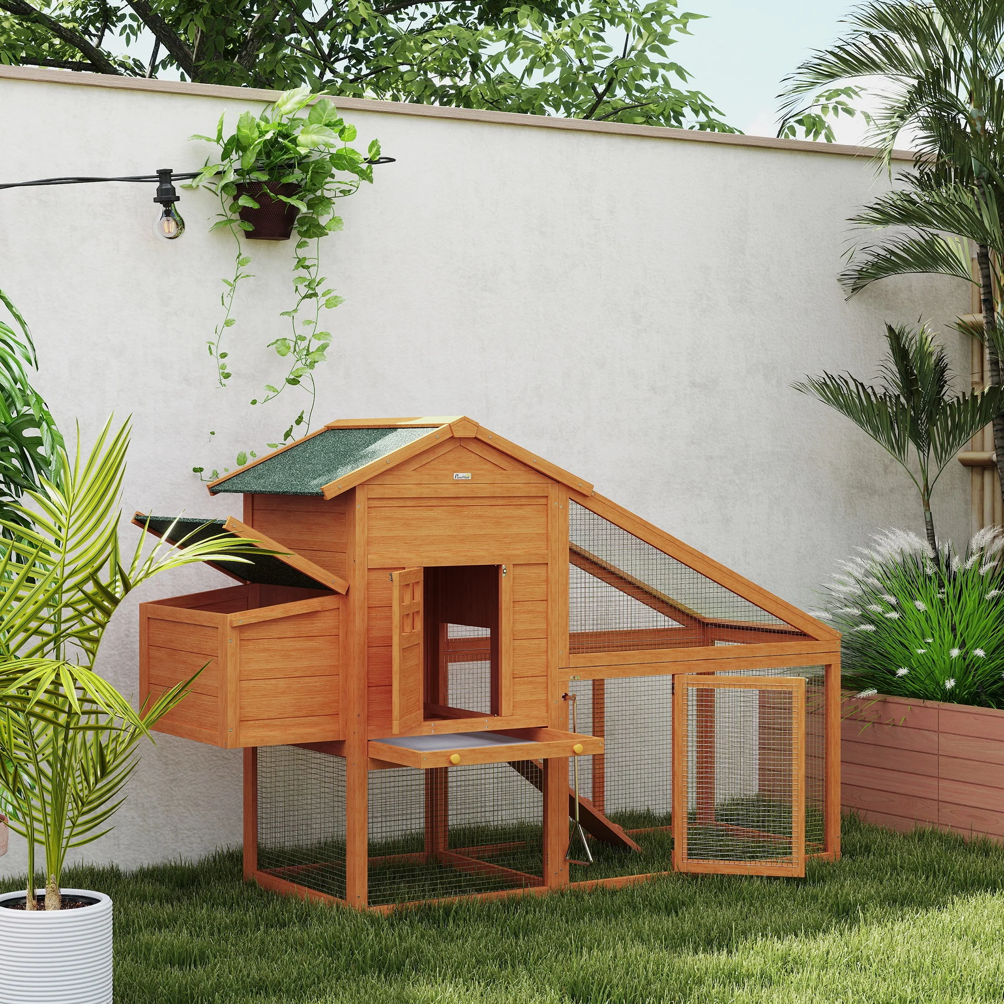 PawHut Wooden Chicken Coop With Run, Nesting Box, Slide-out Tray, Ramp - Image 9
