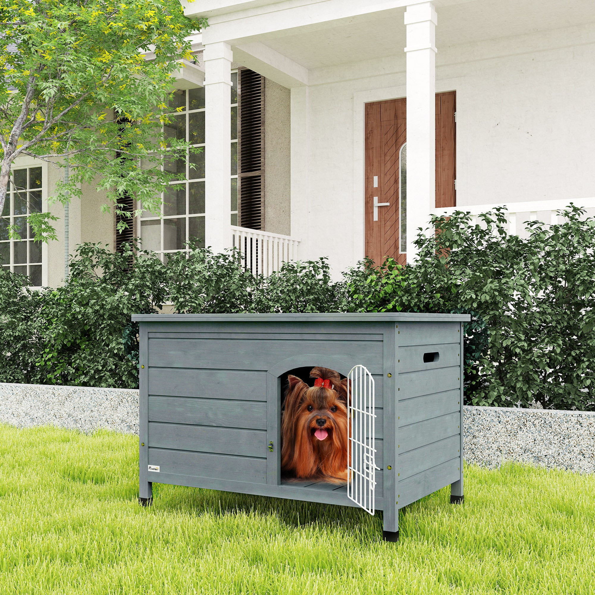 PawHut Wooden Dog House, Outdoor Dog Kennel W/ Removable Bottom, Dark Grey - Image 2