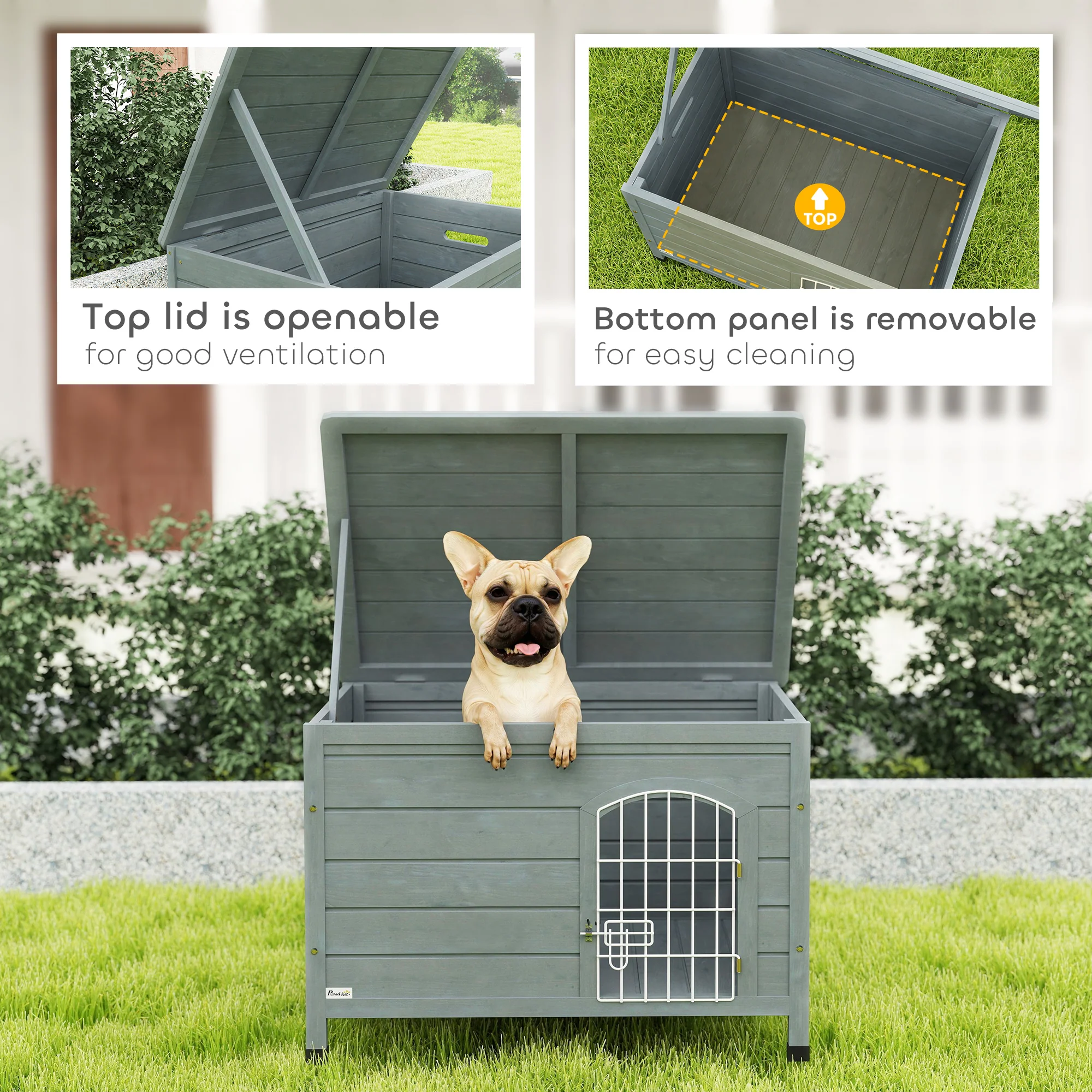PawHut Wooden Dog House, Outdoor Dog Kennel W/ Removable Bottom, Dark Grey - Image 4