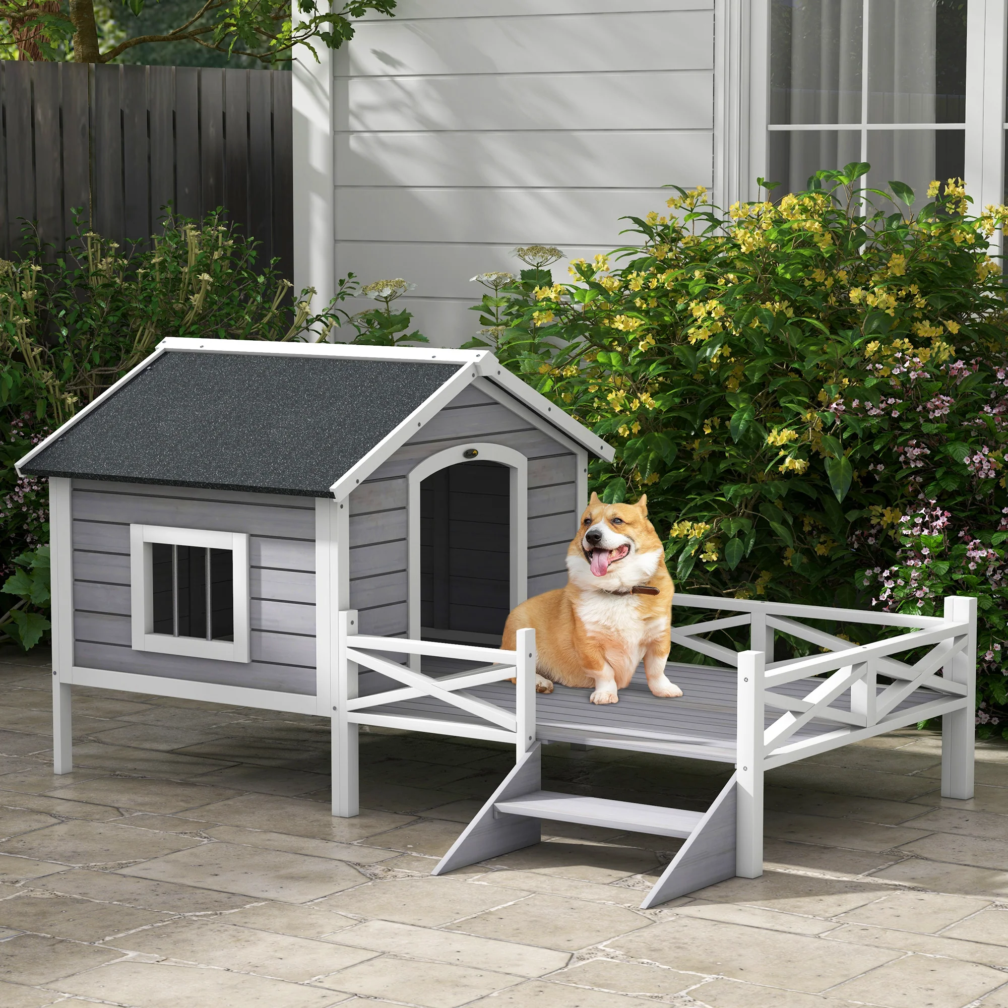 PawHut Wooden Dog House w/ Porch, Water-resistant Roof, for S M Dogs, Grey - Image 2
