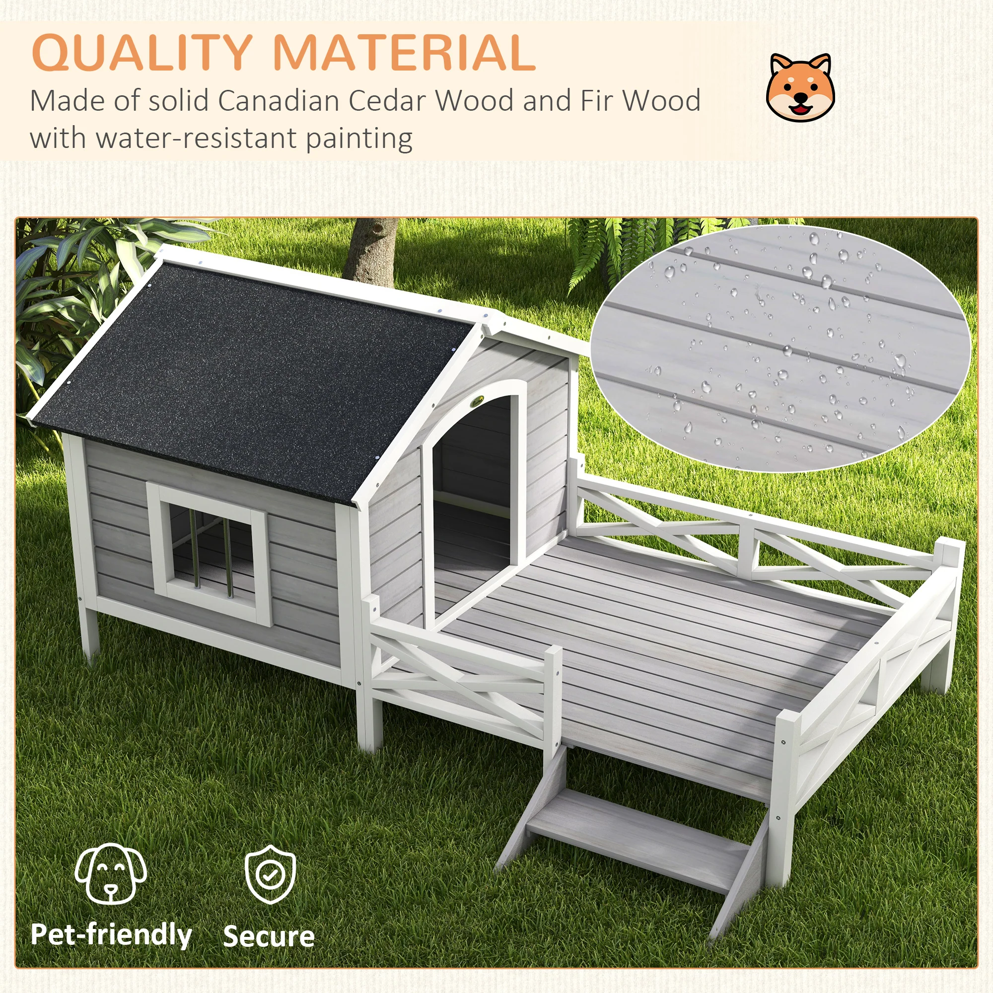 PawHut Wooden Dog House w/ Porch, Water-resistant Roof, for S M Dogs, Grey - Image 3
