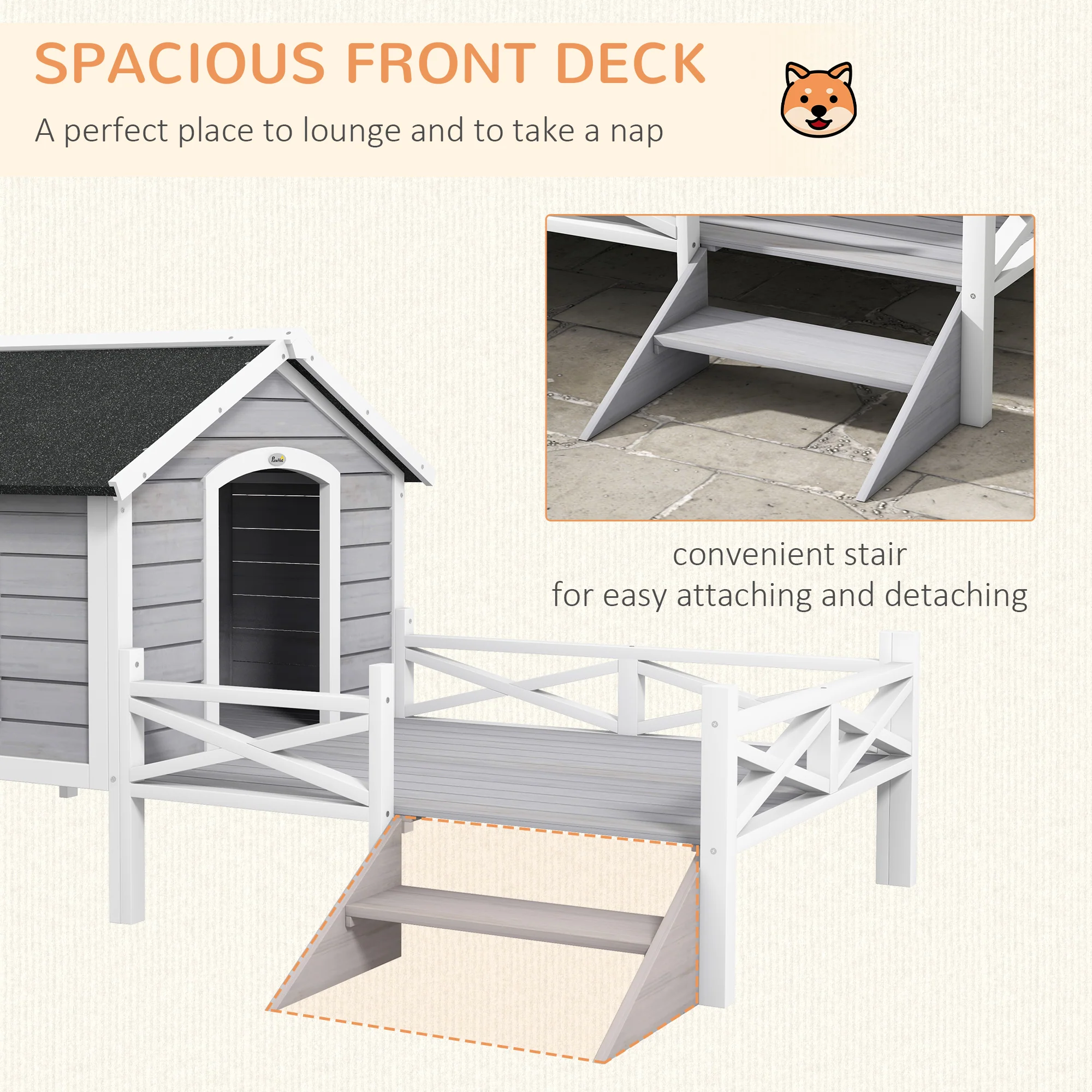 PawHut Wooden Dog House w/ Porch, Water-resistant Roof, for S M Dogs, Grey - Image 4