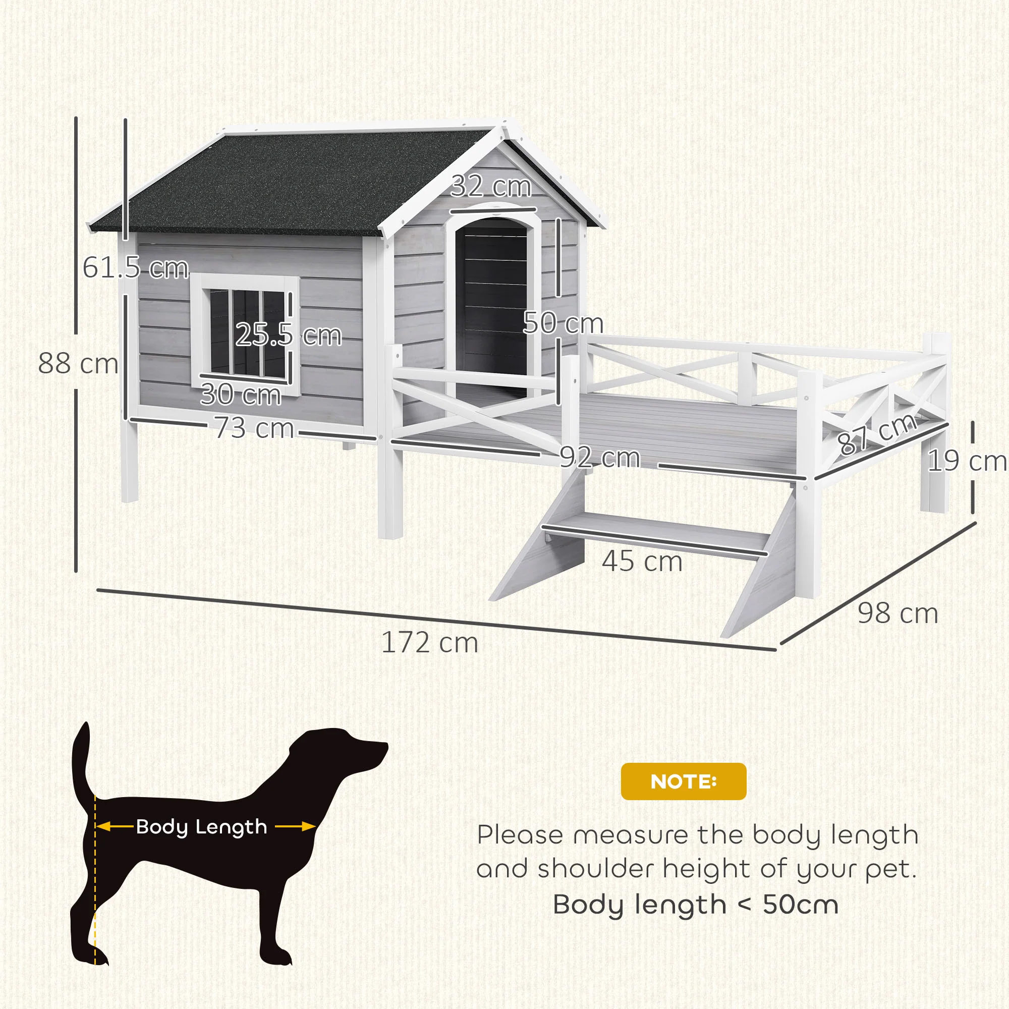 PawHut Wooden Dog House w/ Porch, Water-resistant Roof, for S M Dogs, Grey - Image 5
