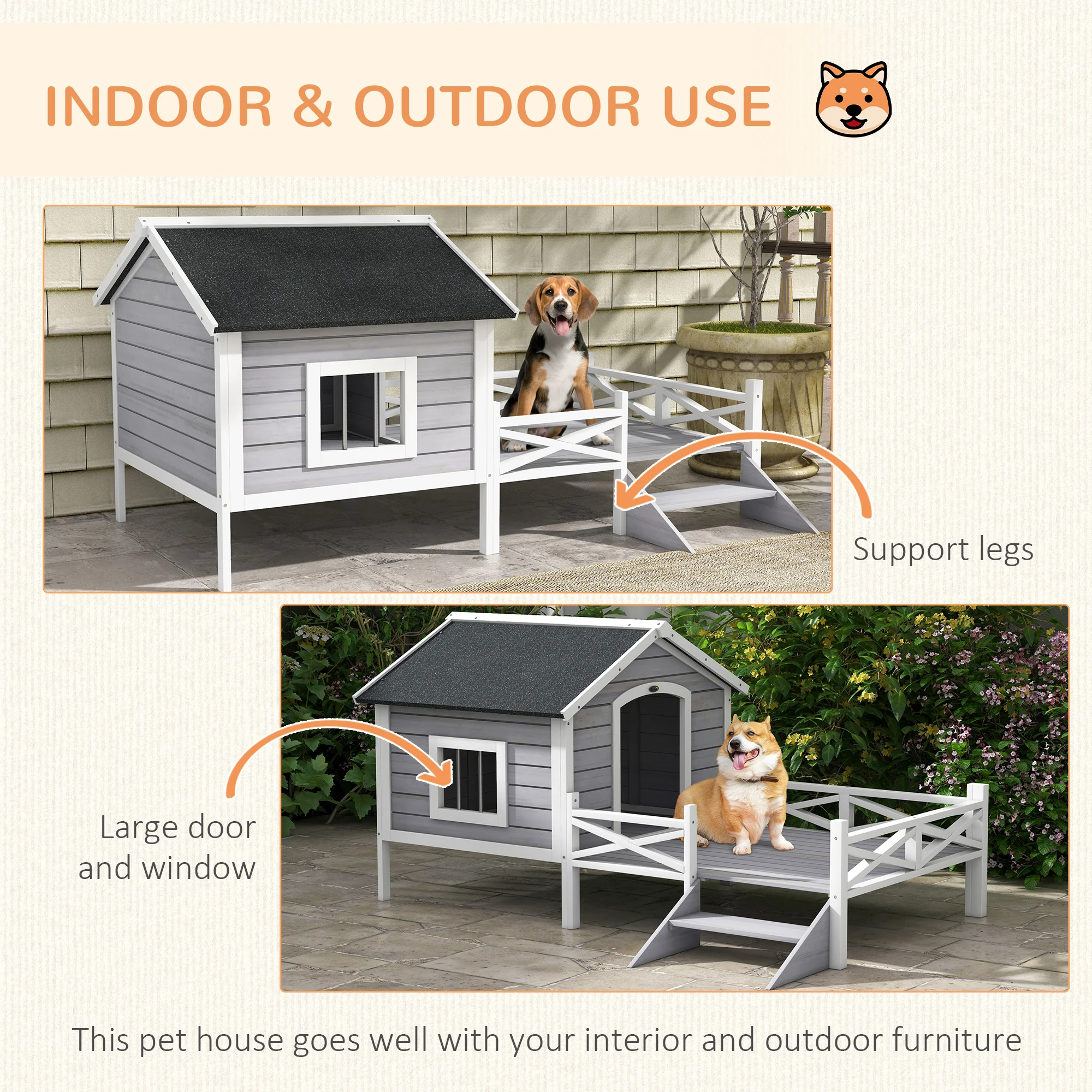 PawHut Wooden Dog House w/ Porch, Water-resistant Roof, for S M Dogs, Grey - Image 6