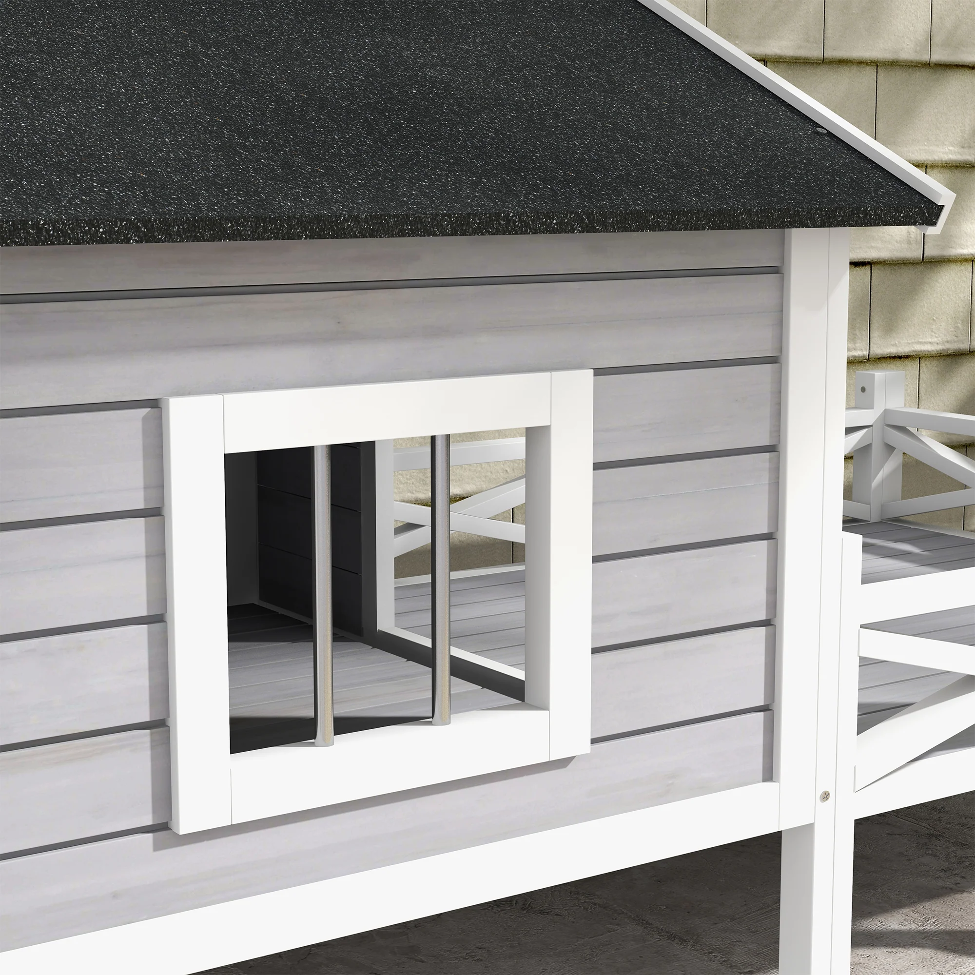 PawHut Wooden Dog House w/ Porch, Water-resistant Roof, for S M Dogs, Grey - Image 7