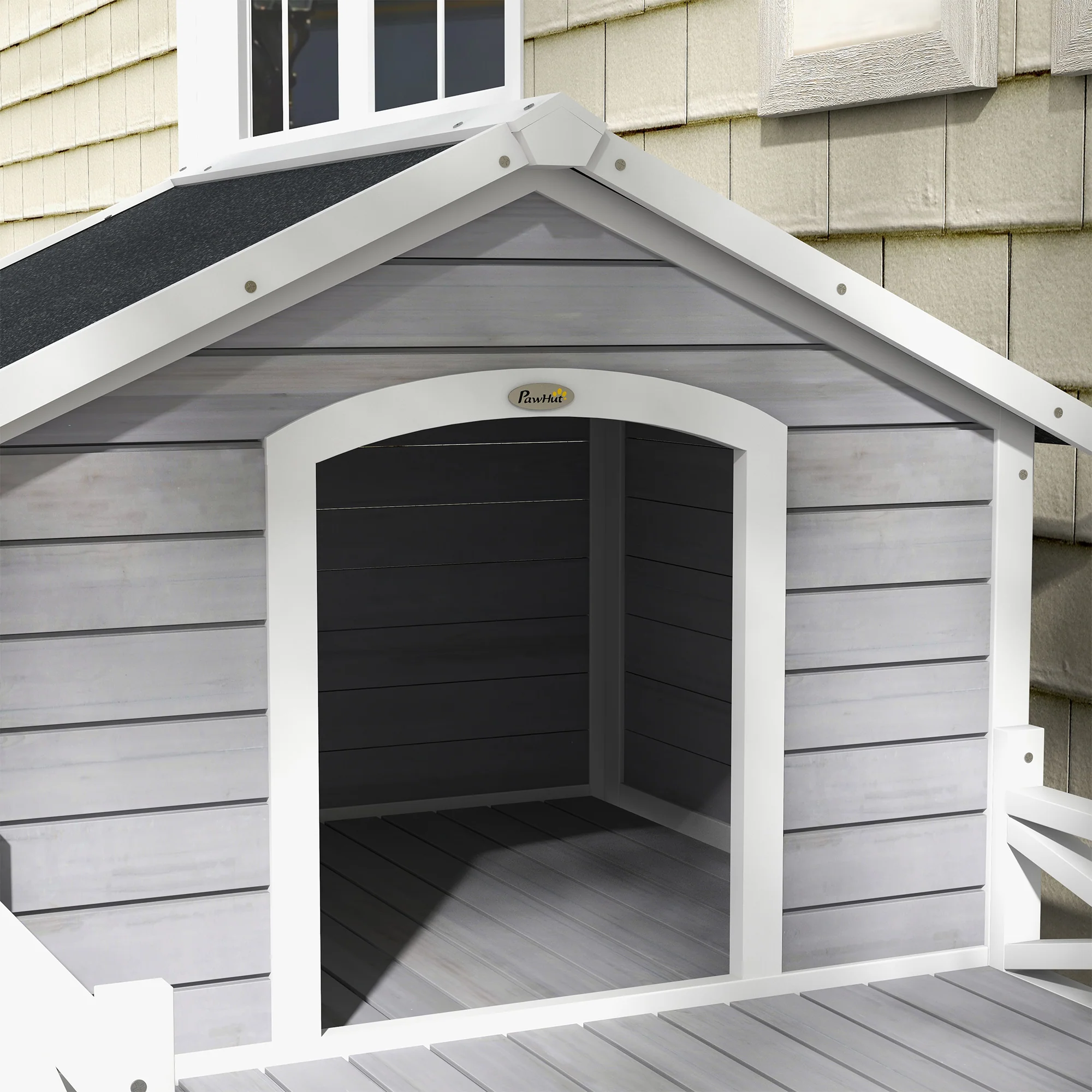 PawHut Wooden Dog House w/ Porch, Water-resistant Roof, for S M Dogs, Grey - Image 8