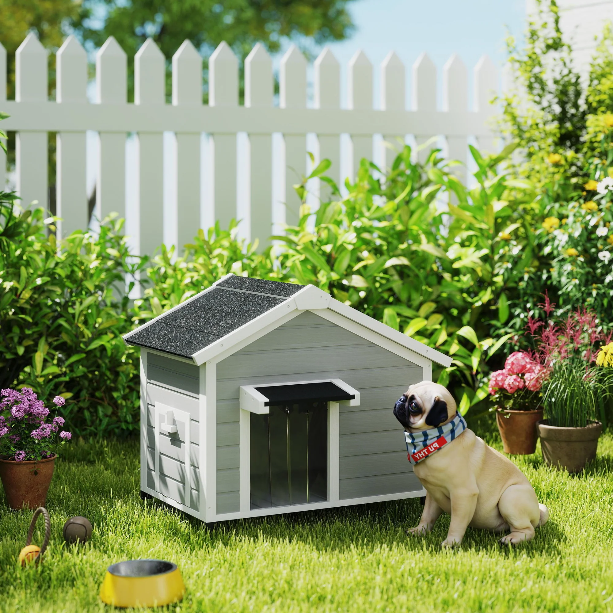 PawHut Wooden Dog House with Openable Roof, Removable Floor, Light Grey - Image 2
