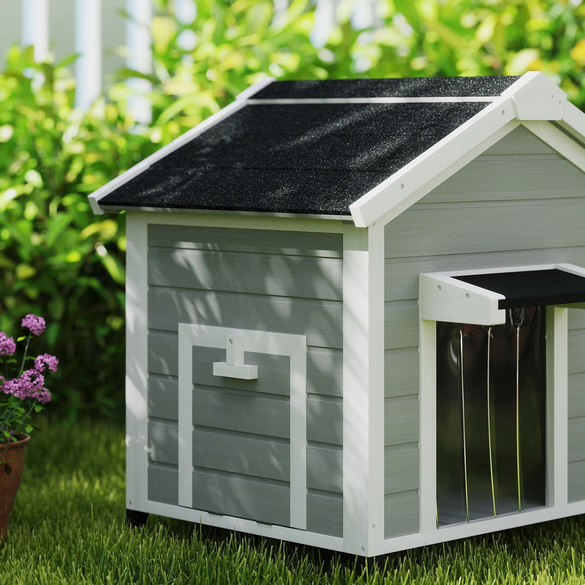 PawHut Wooden Dog House with Openable Roof, Removable Floor, Light Grey - Image 9