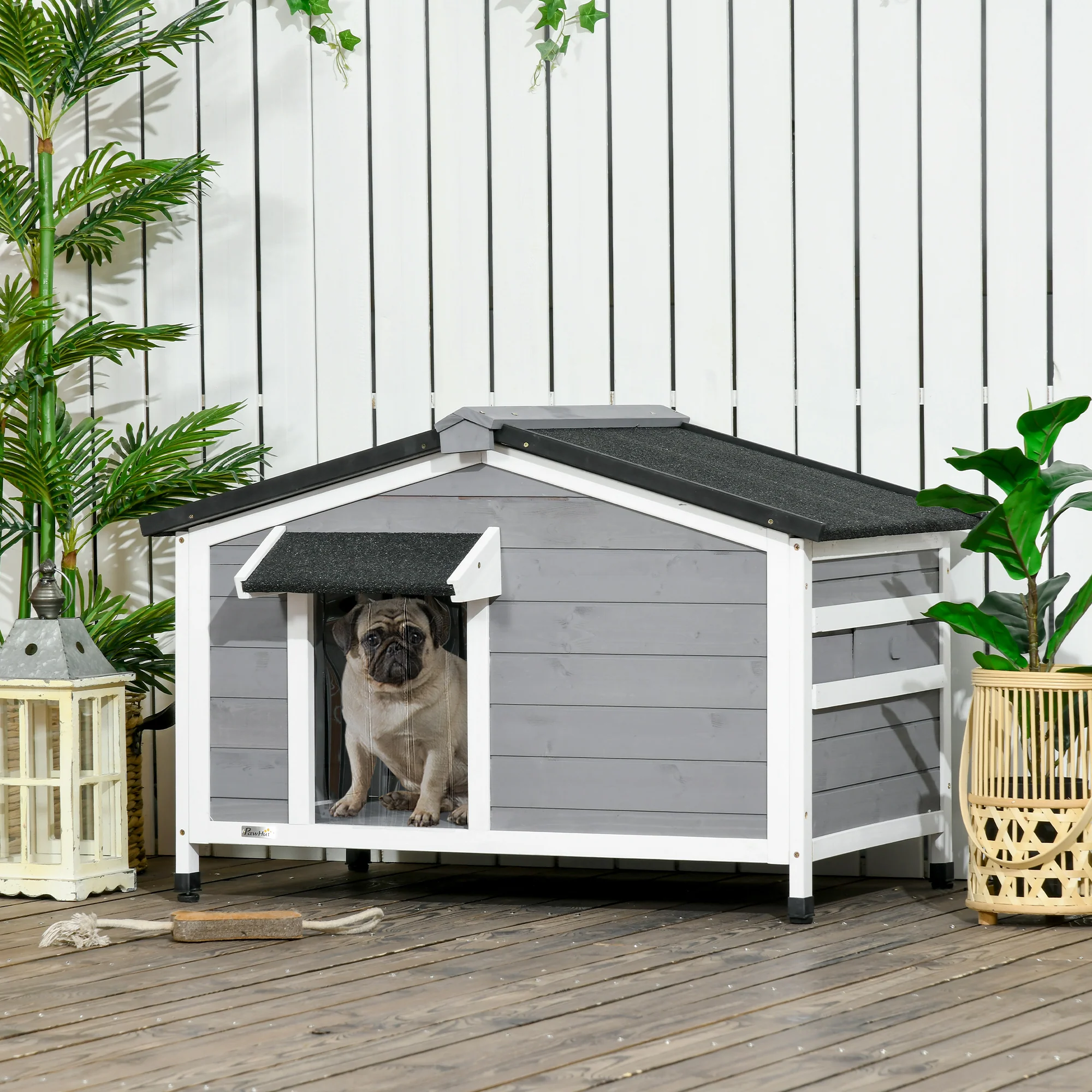 PawHut Wooden Dog Kennel for Outside 97L x 72W x 65Hcm, Grey - Image 2