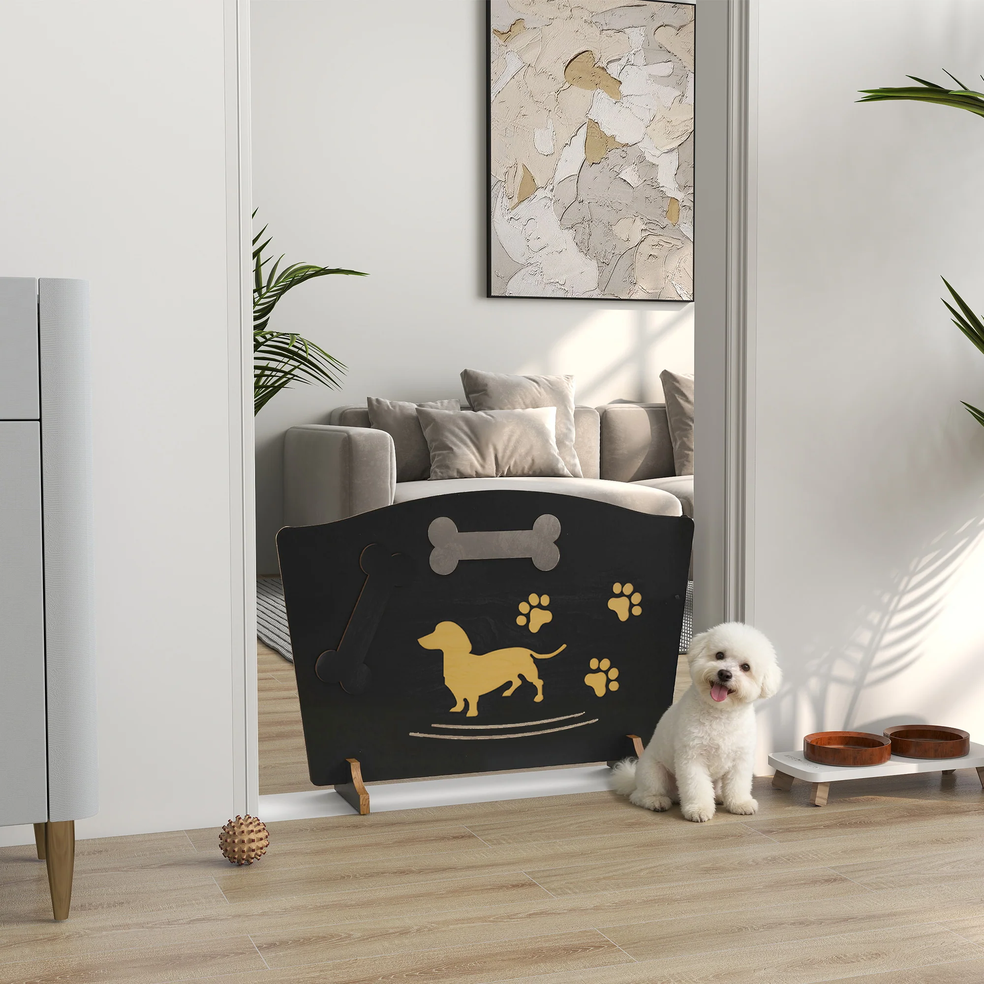 PawHut Wooden Dog Stopper, Freestanding Dog Gate With Support Feet, Black - Image 2