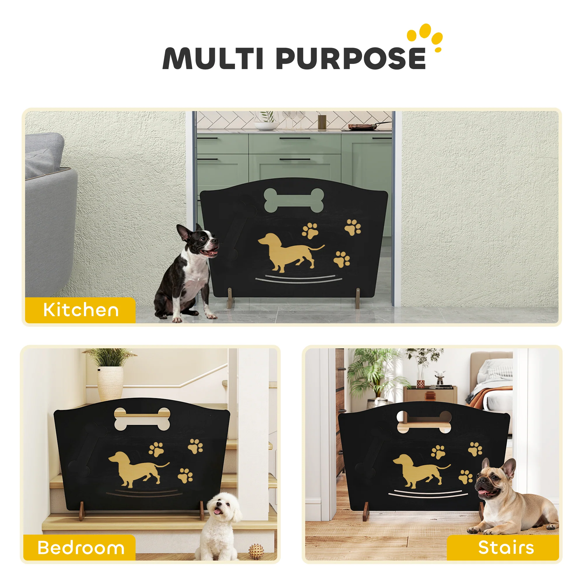 PawHut Wooden Dog Stopper, Freestanding Dog Gate With Support Feet, Black - Image 3