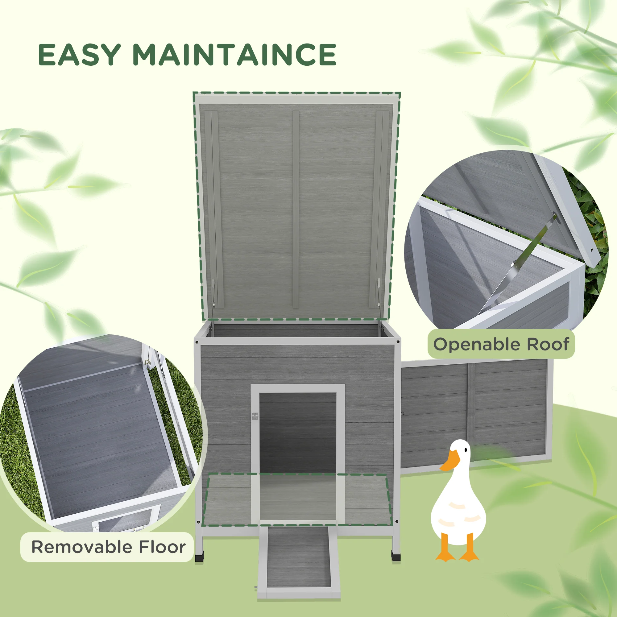 PawHut Wooden Duck House, Poultry Coop W/ Double Doors, Openable Roof, Grey - Image 3