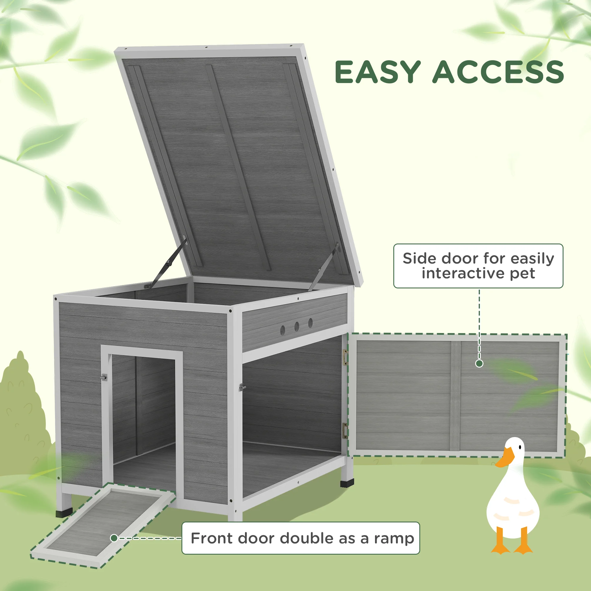 PawHut Wooden Duck House, Poultry Coop W/ Double Doors, Openable Roof, Grey - Image 6