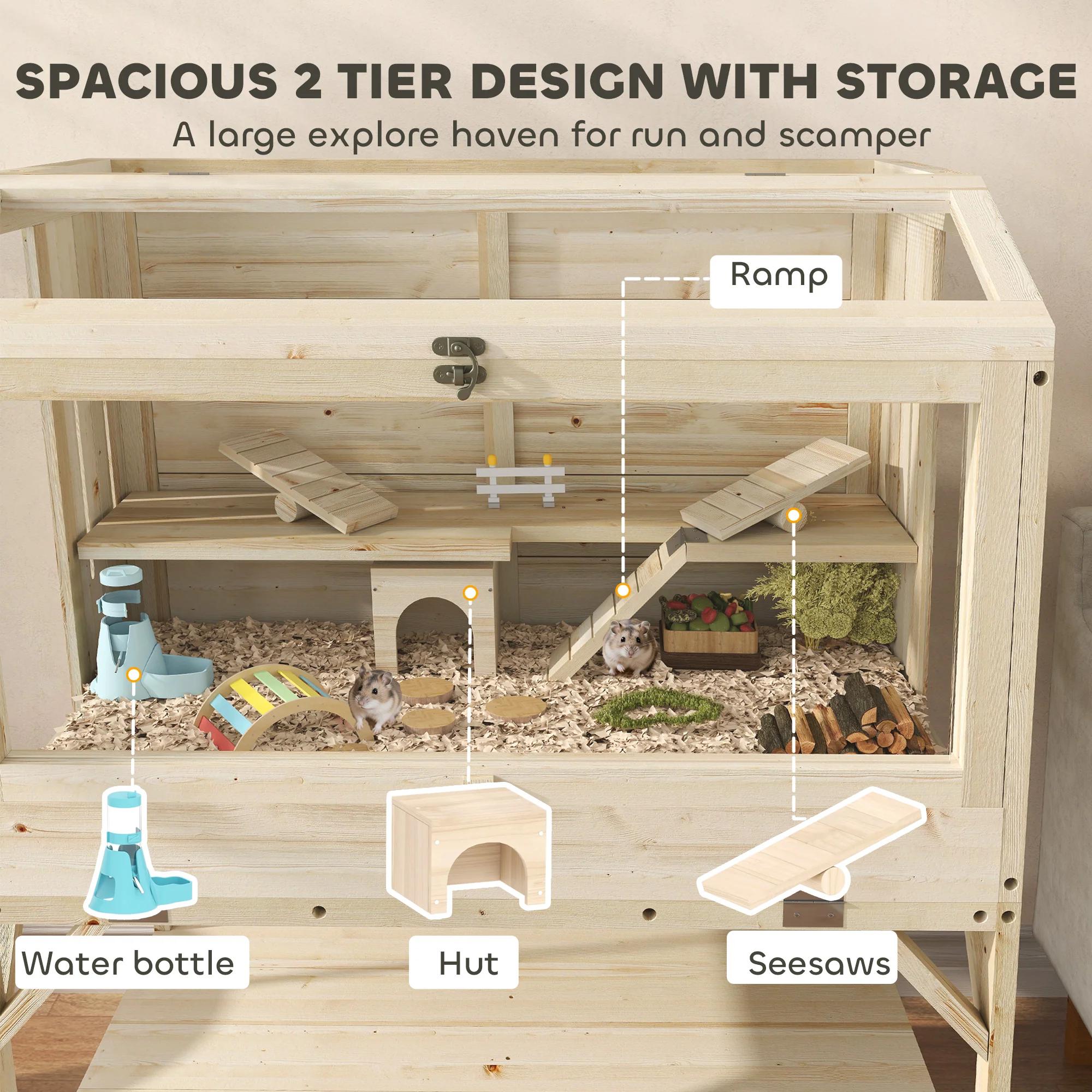PawHut Wooden Hamster Cage, 2 Tier Hamster Habitat With Storage Shelf - Image 3
