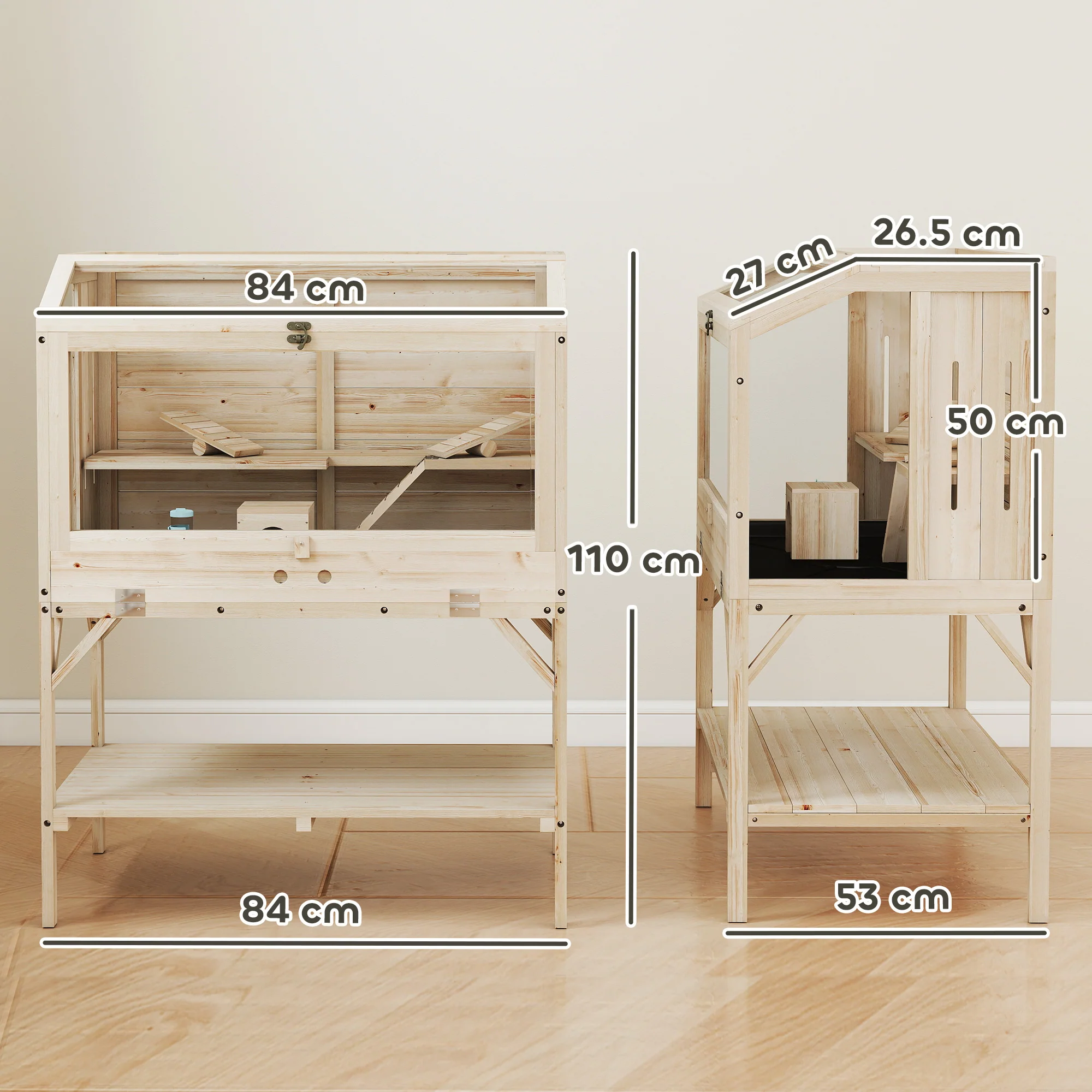 PawHut Wooden Hamster Cage, 2 Tier Hamster Habitat With Storage Shelf - Image 5