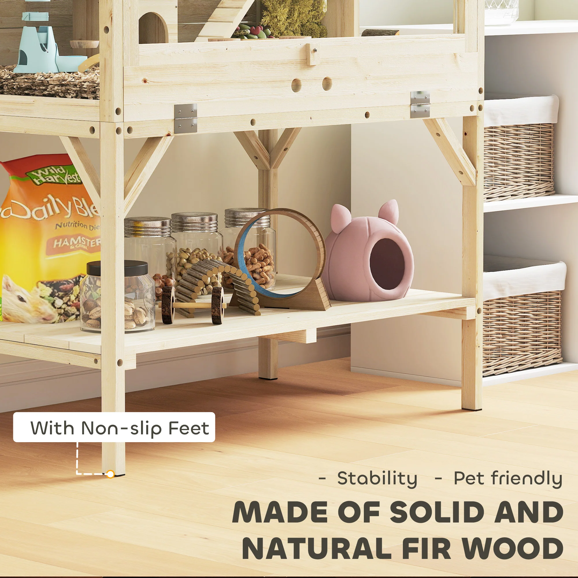 PawHut Wooden Hamster Cage, 2 Tier Hamster Habitat With Storage Shelf - Image 7