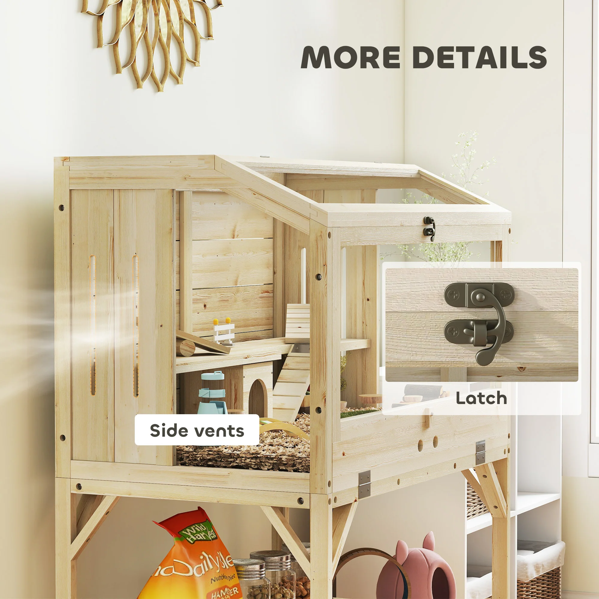 PawHut Wooden Hamster Cage, 2 Tier Hamster Habitat With Storage Shelf - Image 8