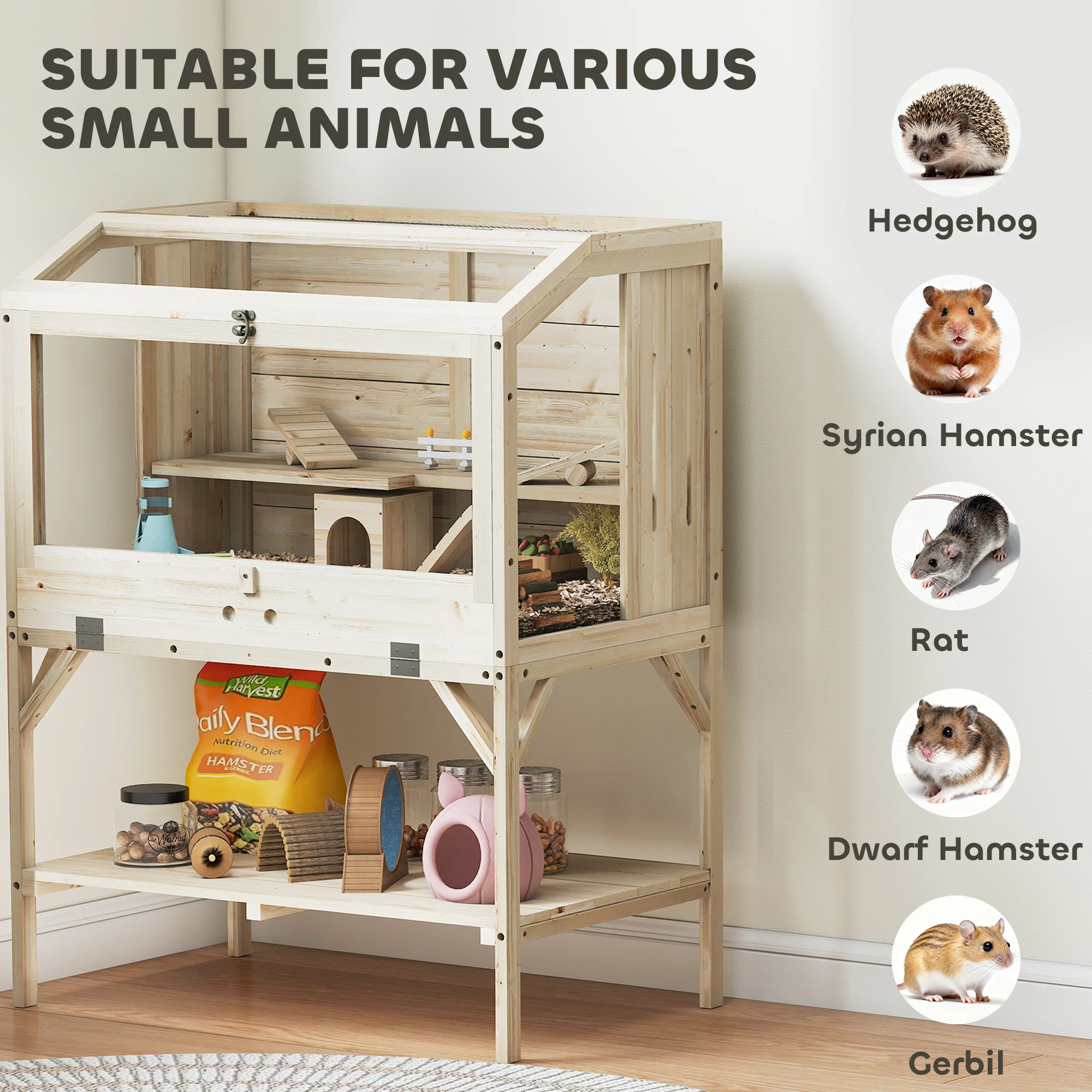PawHut Wooden Hamster Cage, 2 Tier Hamster Habitat With Storage Shelf - Image 9