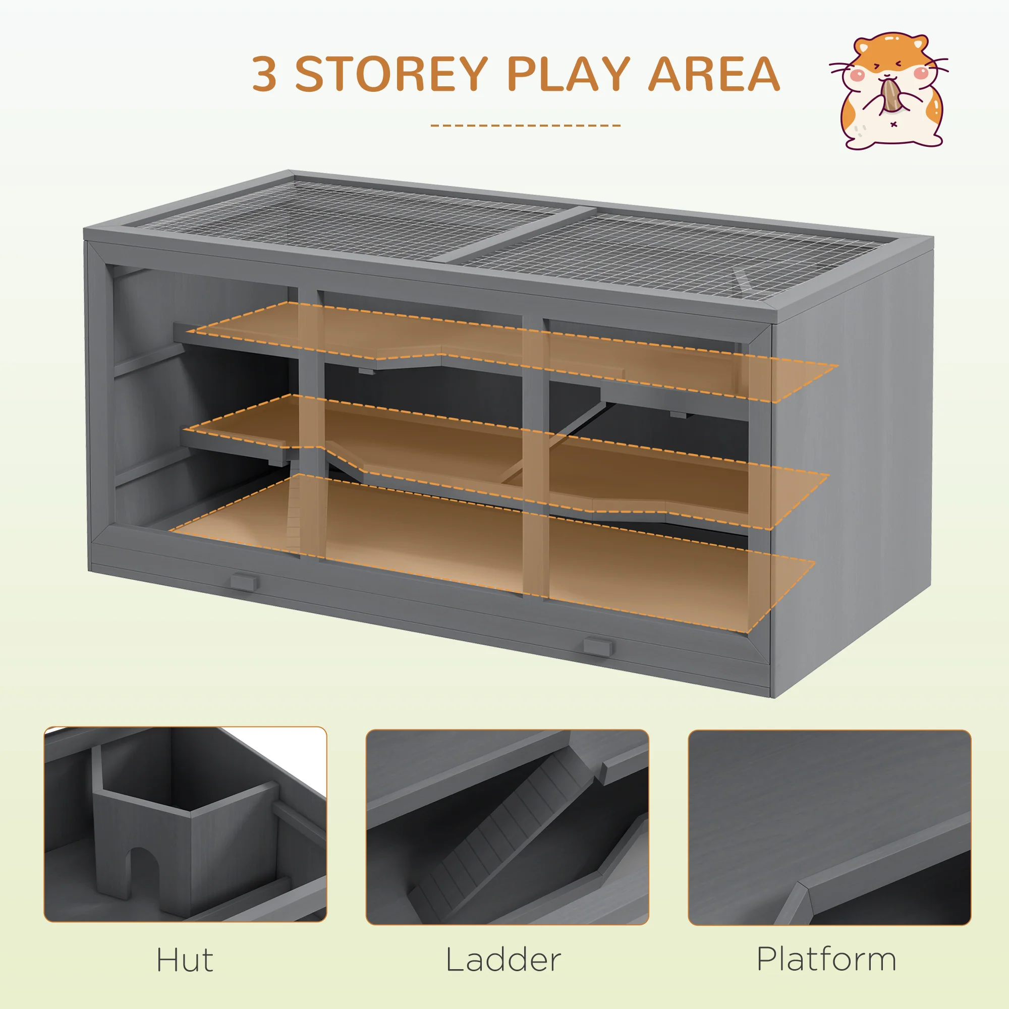 PawHut Wooden Hamster Cage, Exercise Play House Pen with Tray, Openable Top - Image 3