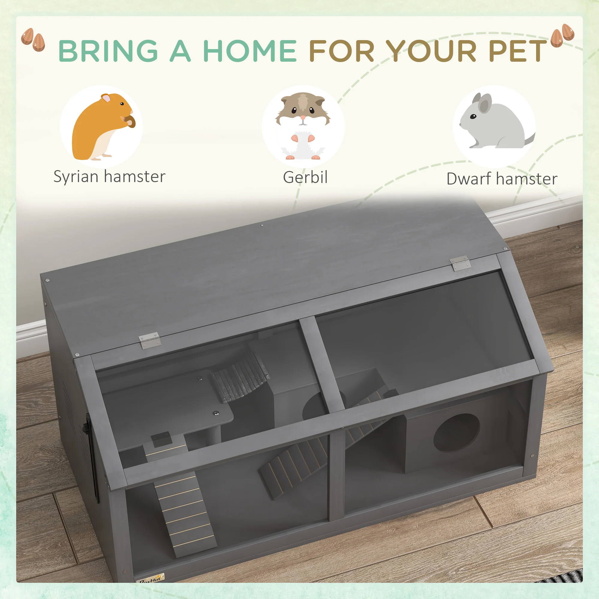 PawHut Wooden Hamster Cage For Gerbils W/ Suspension Bridge, Ladders - Image 7