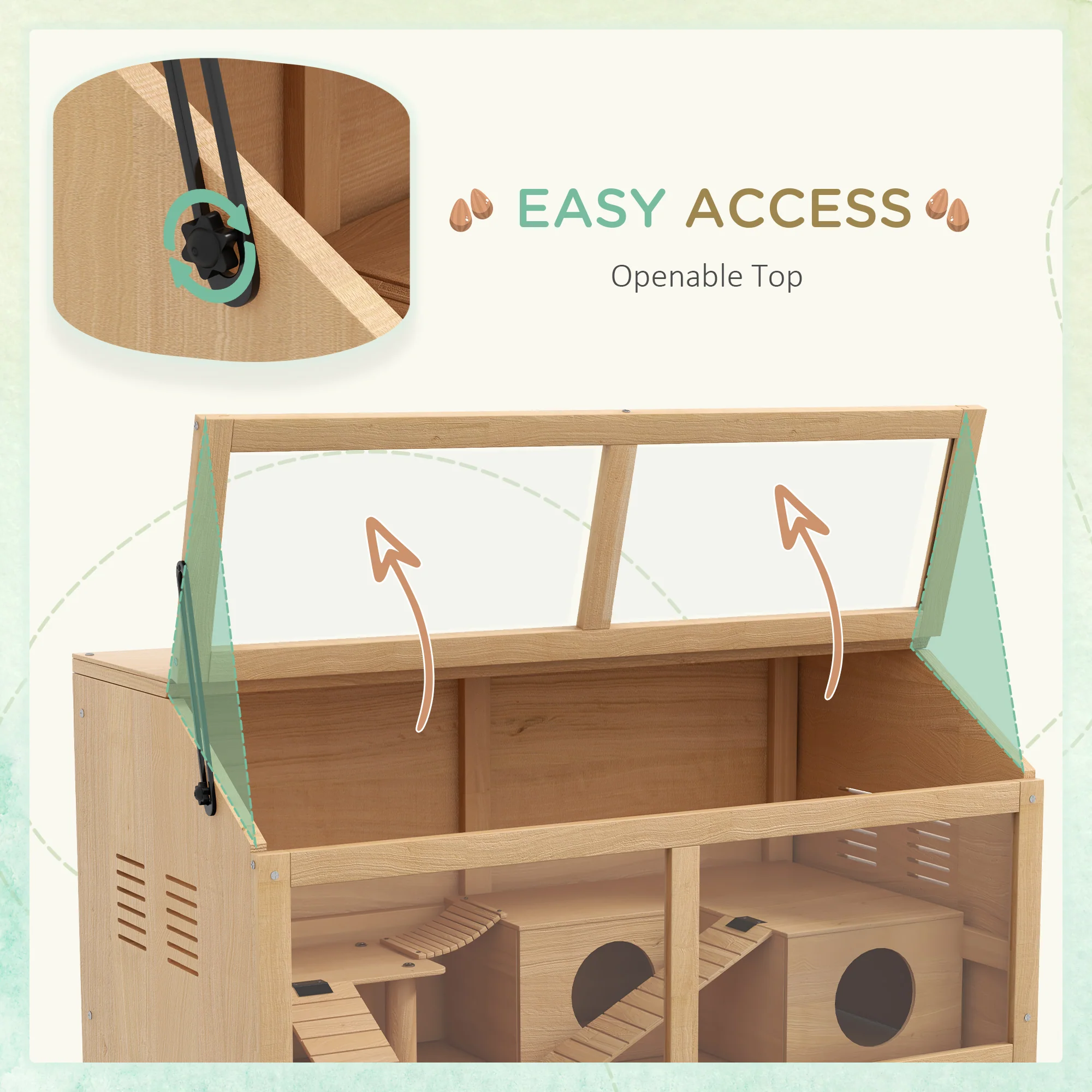 PawHut Wooden Hamster Cage for Gerbils w/ Suspension Bridge, Ladders, Nature - Image 4
