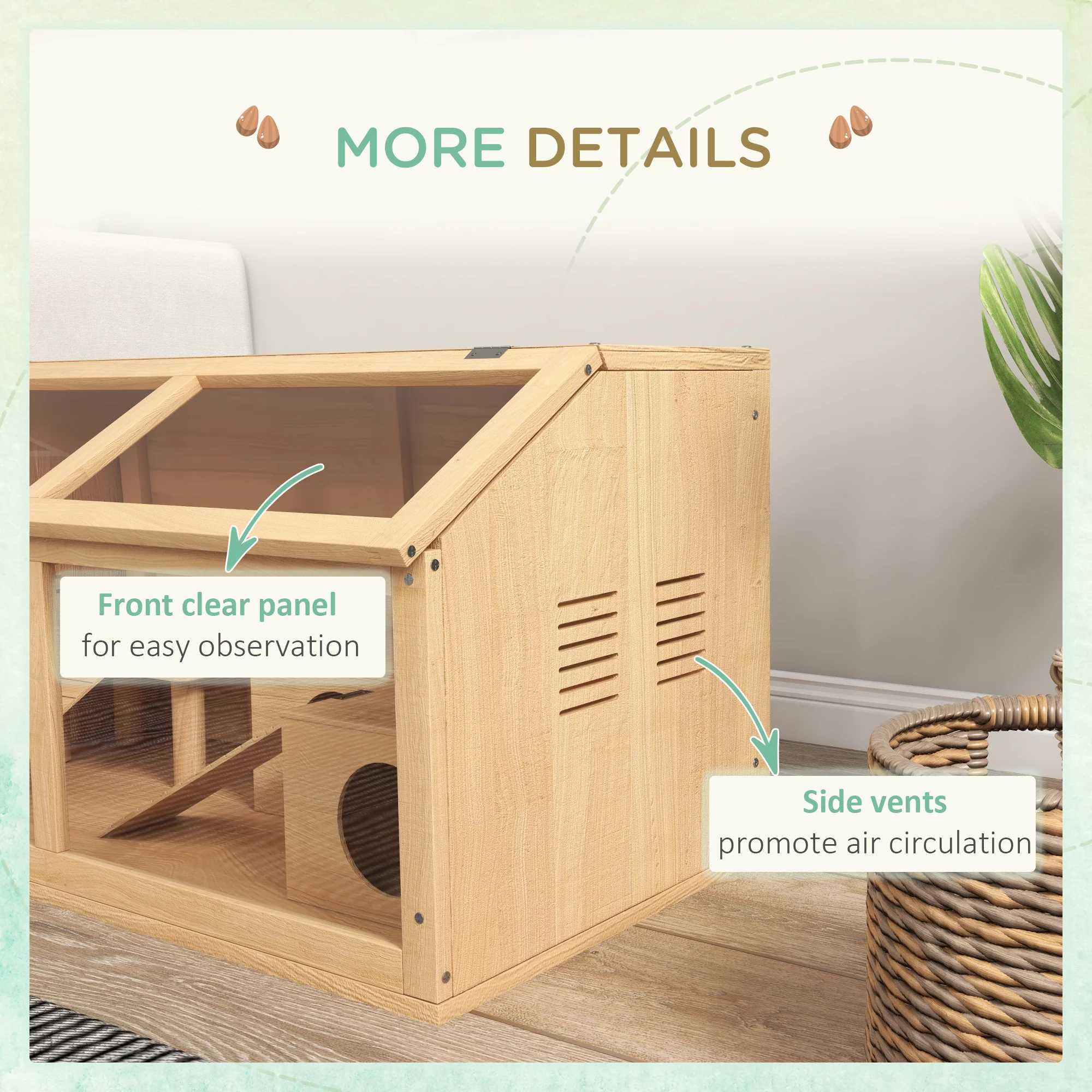 PawHut Wooden Hamster Cage for Gerbils w/ Suspension Bridge, Ladders, Nature - Image 6
