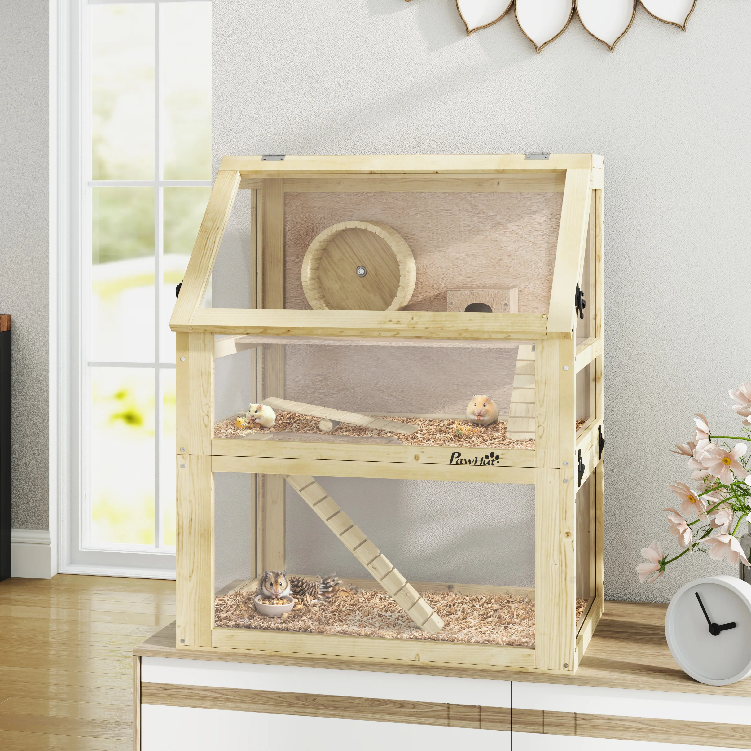 PawHut Wooden Hamster Cage w/ Detachable Bottom, Hut, Seesaw, 60 x 40 x 75cm - Image 2