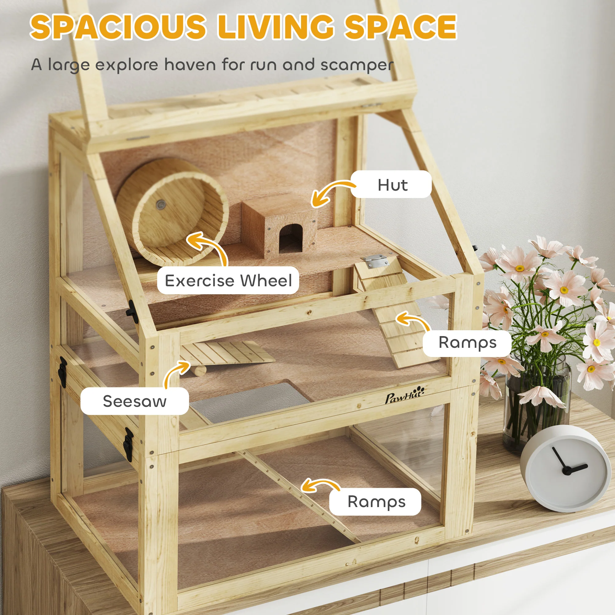 PawHut Wooden Hamster Cage w/ Detachable Bottom, Hut, Seesaw, 60 x 40 x 75cm - Image 3