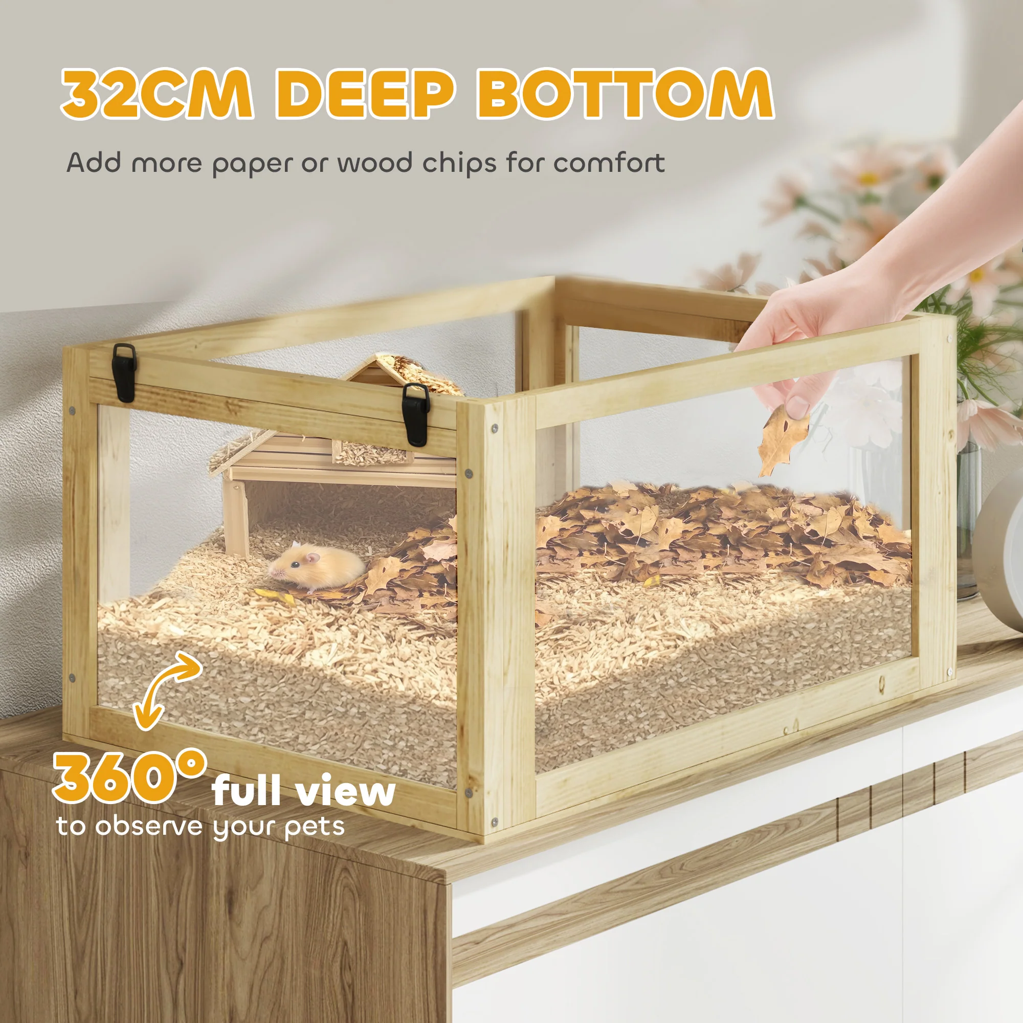 PawHut Wooden Hamster Cage w/ Detachable Bottom, Hut, Seesaw, 60 x 40 x 75cm - Image 4