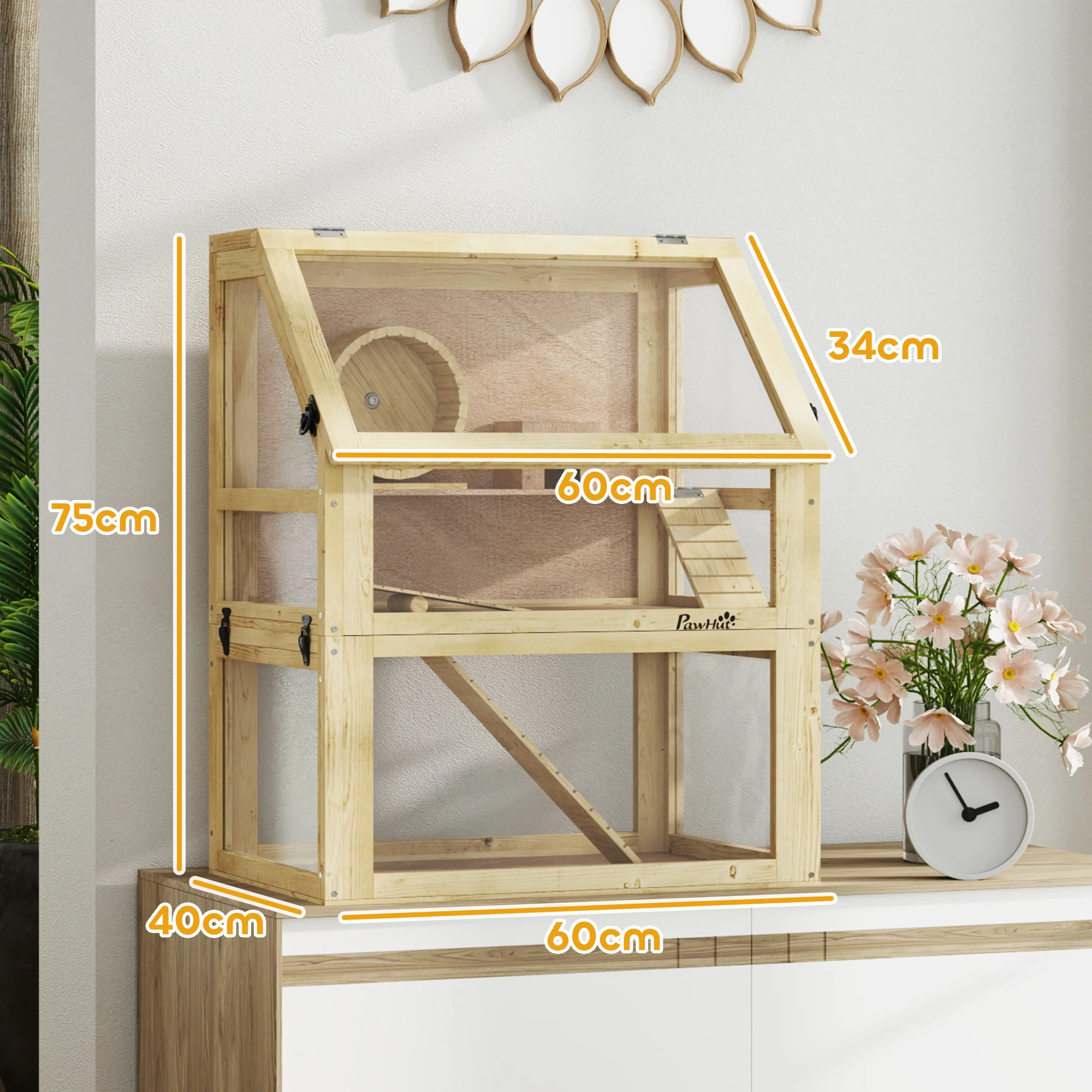 PawHut Wooden Hamster Cage w/ Detachable Bottom, Hut, Seesaw, 60 x 40 x 75cm - Image 5