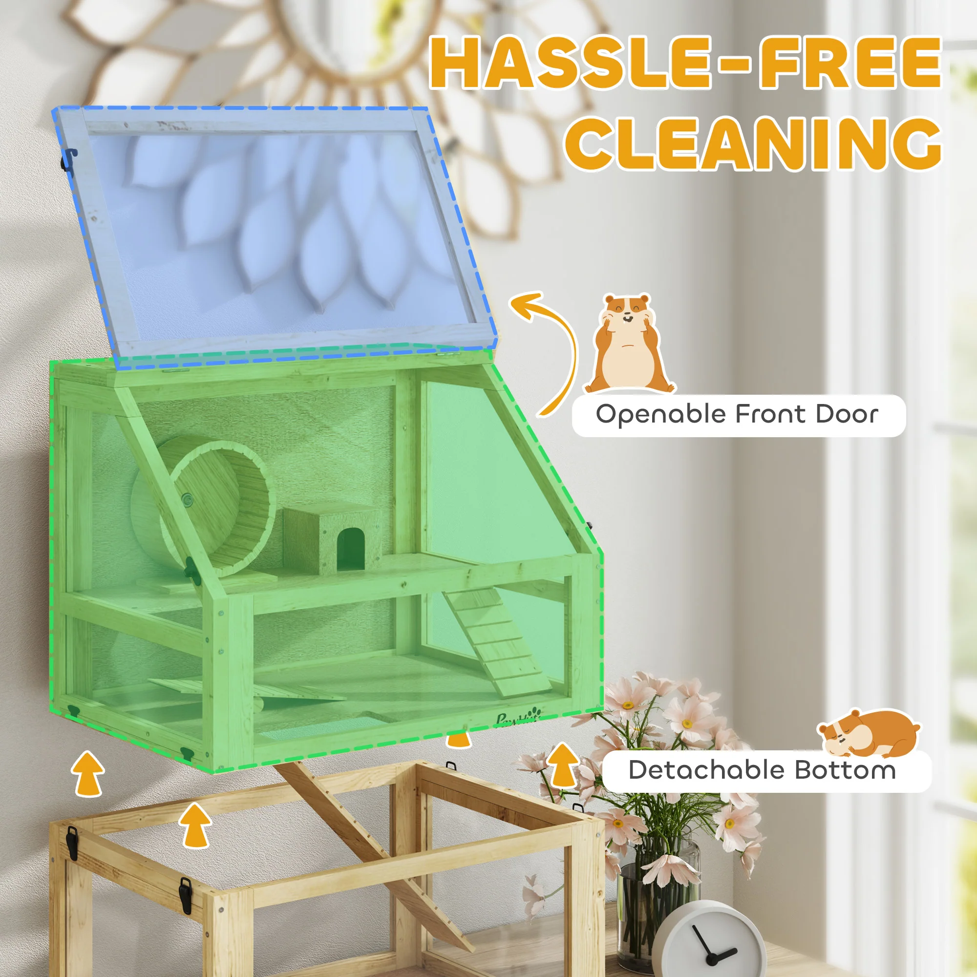 PawHut Wooden Hamster Cage w/ Detachable Bottom, Hut, Seesaw, 60 x 40 x 75cm - Image 6